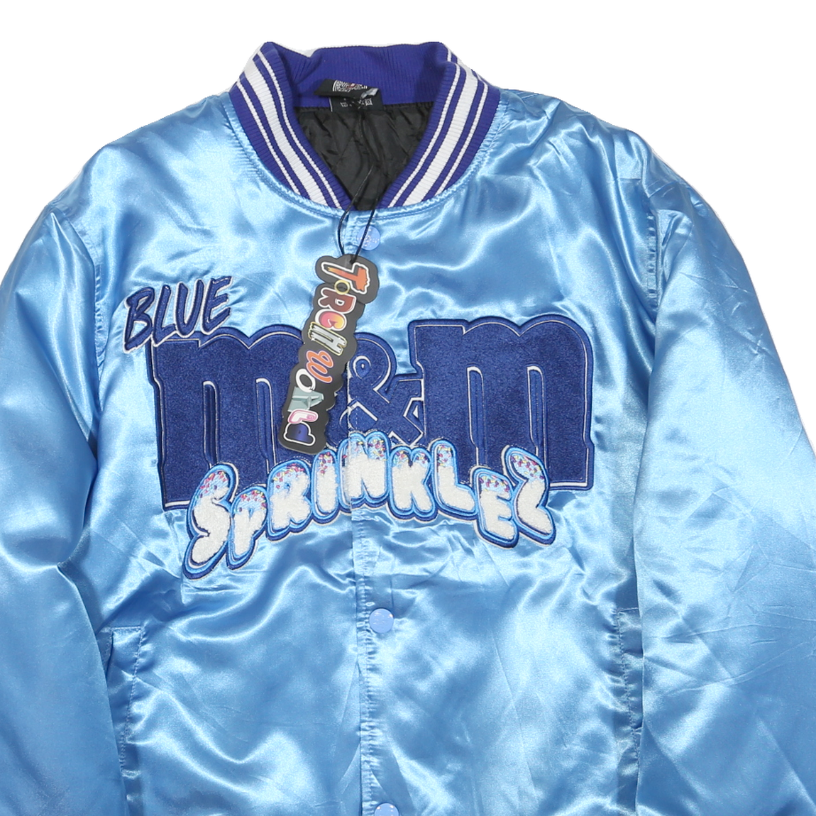TORCHWORLD Mens Blue Satin Button Jacket L Embroidered M&M Sprinklez