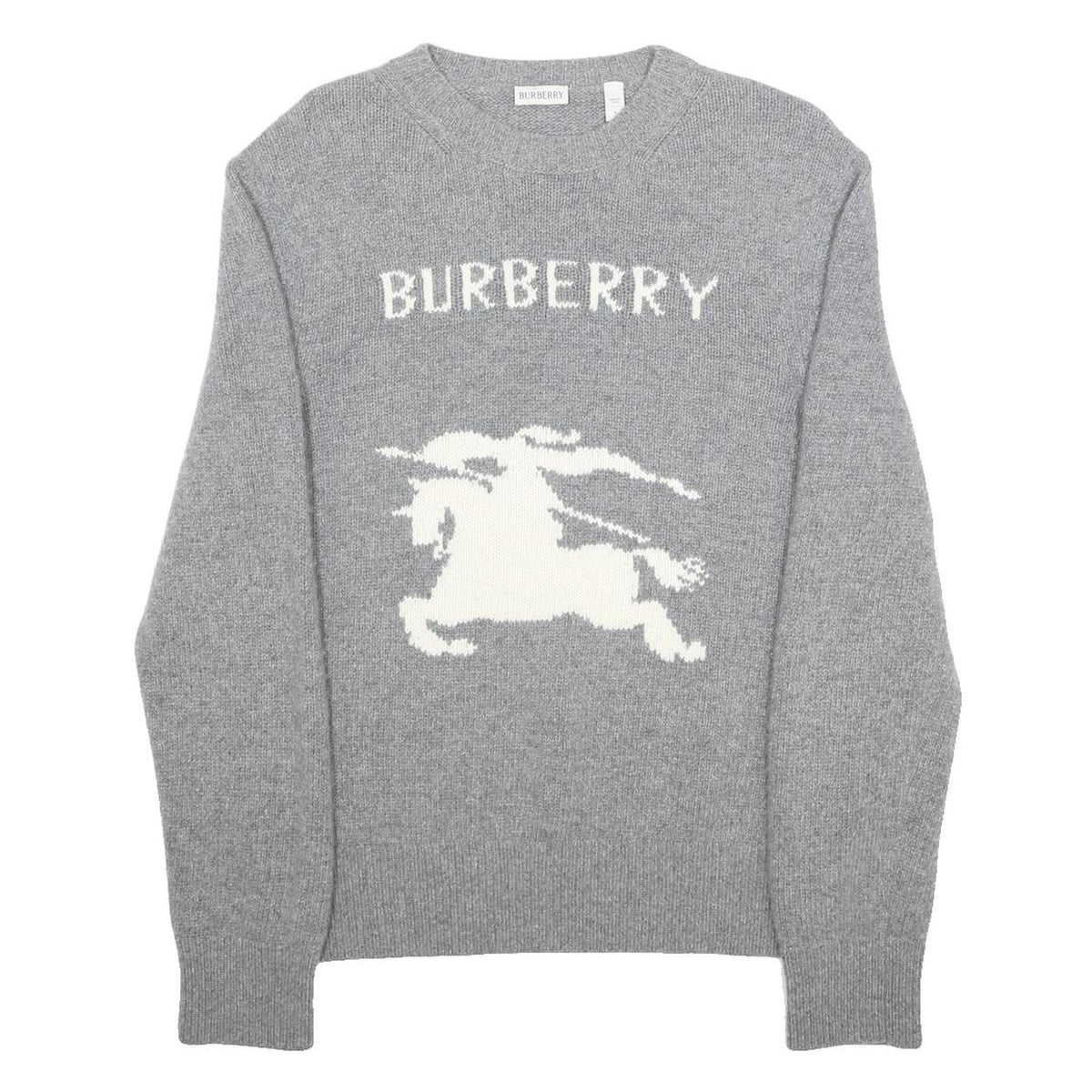 BURBERRY Mens Grey Cashmere Blend Patterned Crew Neck Jumper S Designer Knitwear