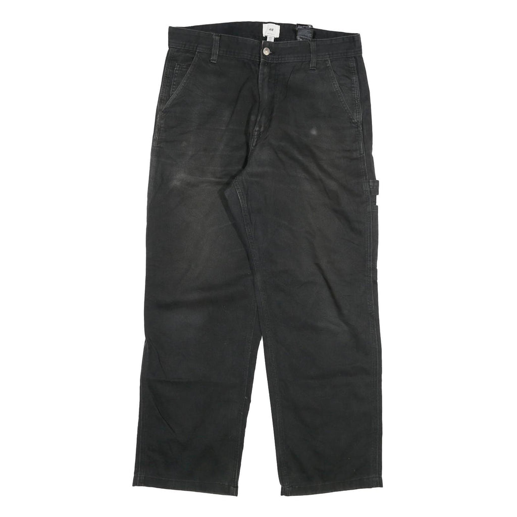 H & M Mens Cotton Blend Black Relaxed Straight Trousers W32 L27 Workwear Zip