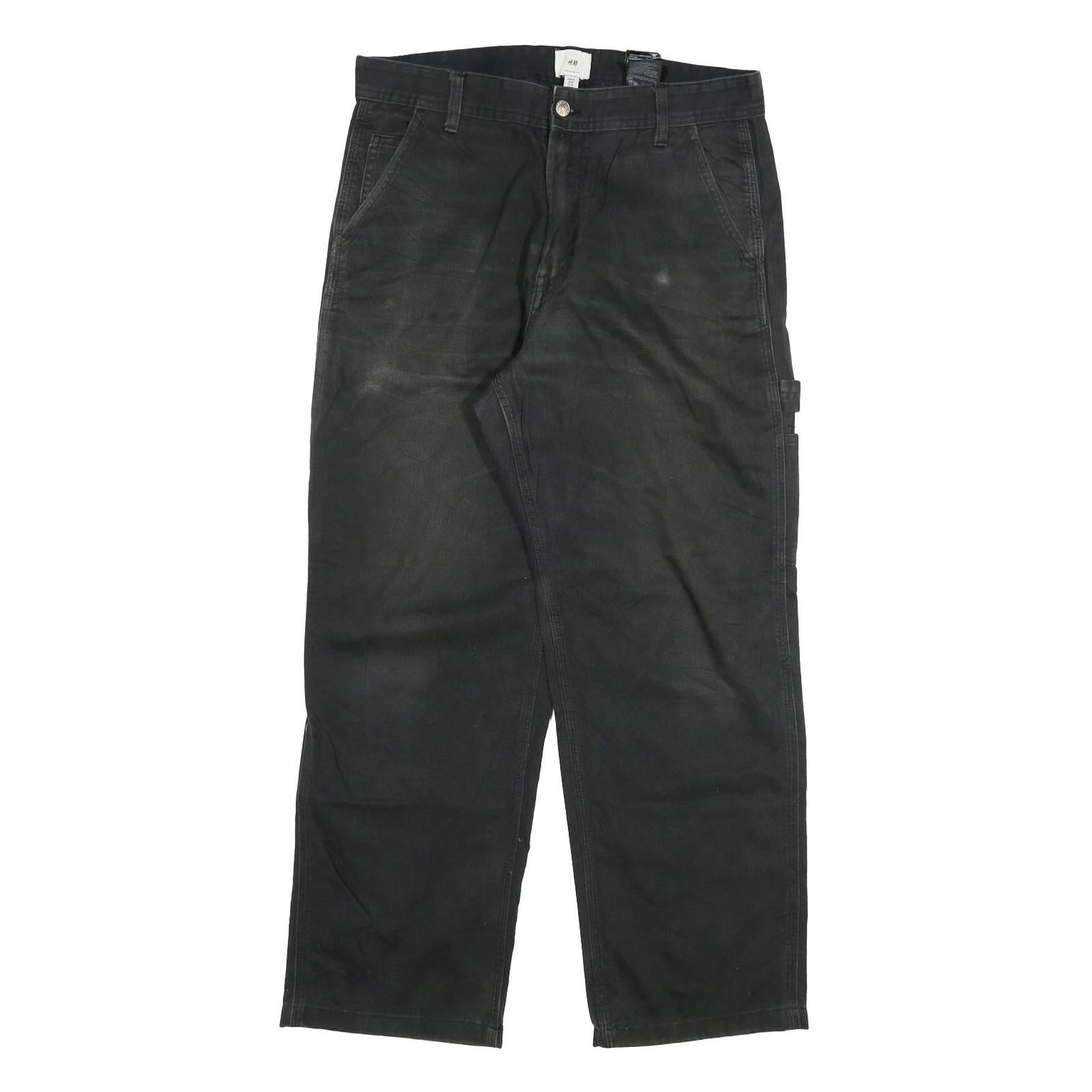 H & M Mens Cotton Blend Black Relaxed Straight Trousers W32 L27 Workwear Zip