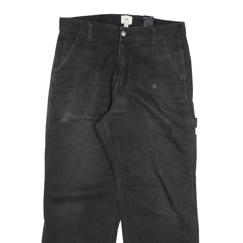 H & M Mens Cotton Blend Black Relaxed Straight Trousers W32 L27 Workwear Zip