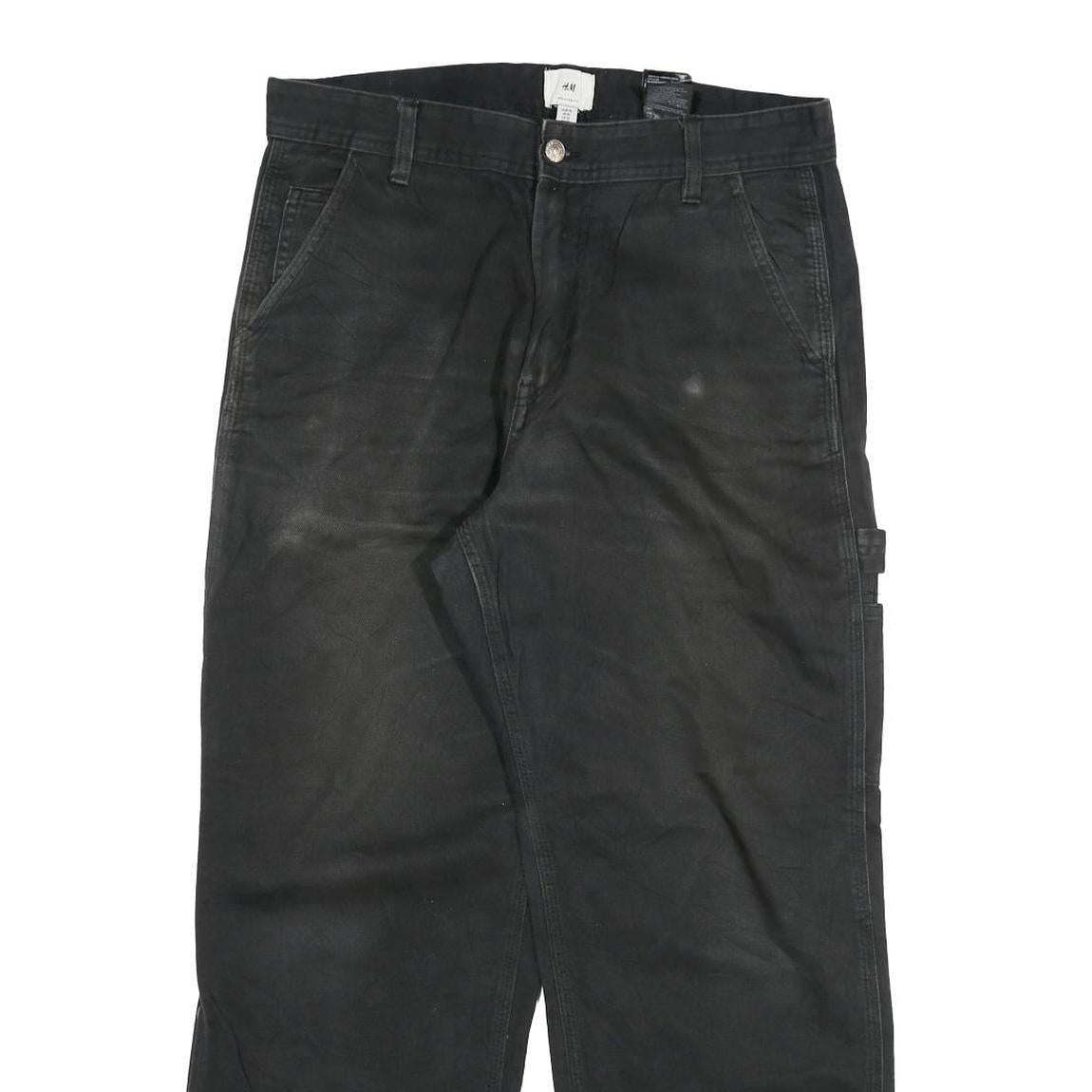 H & M Mens Cotton Blend Black Relaxed Straight Trousers W32 L27 Workwear Zip