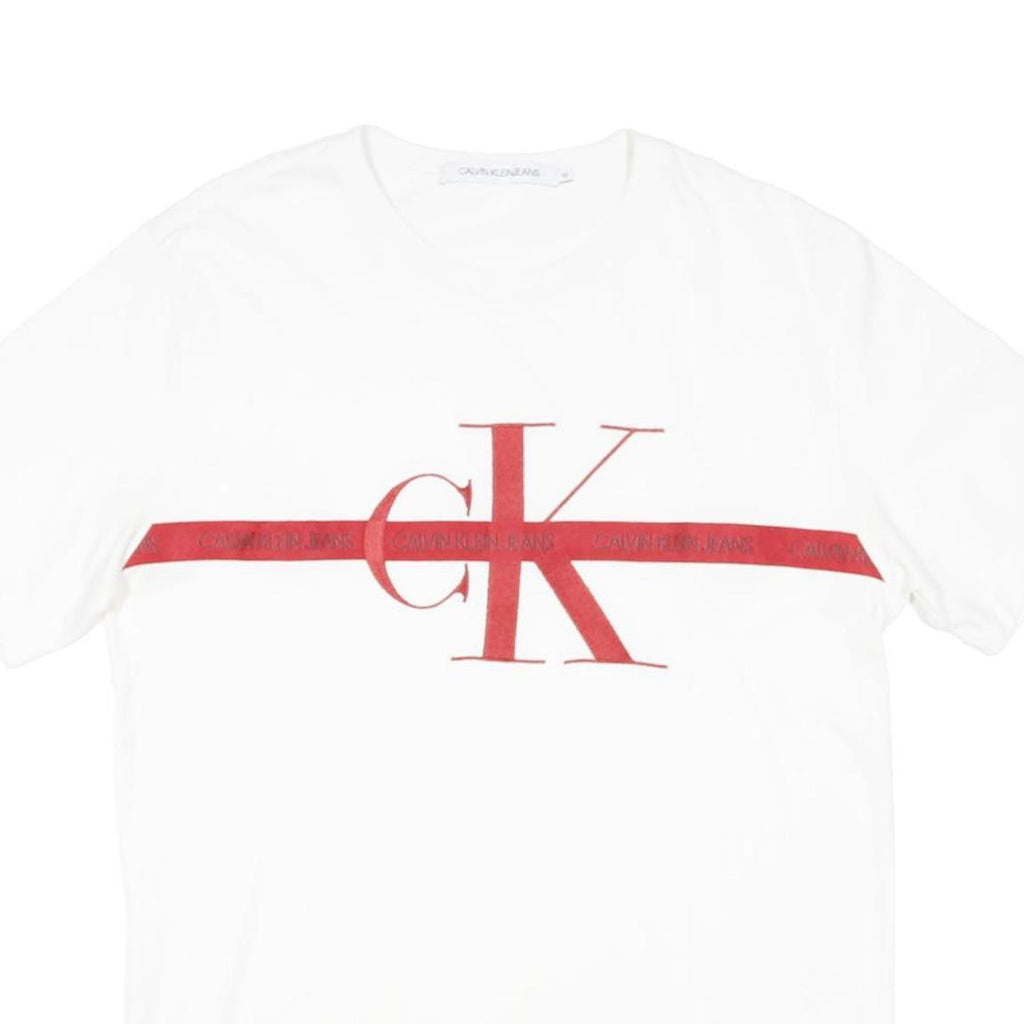 CALVIN KLEIN JEANS Womens White Red Logo Graphic T-Shirt M Short Sleeve Crew