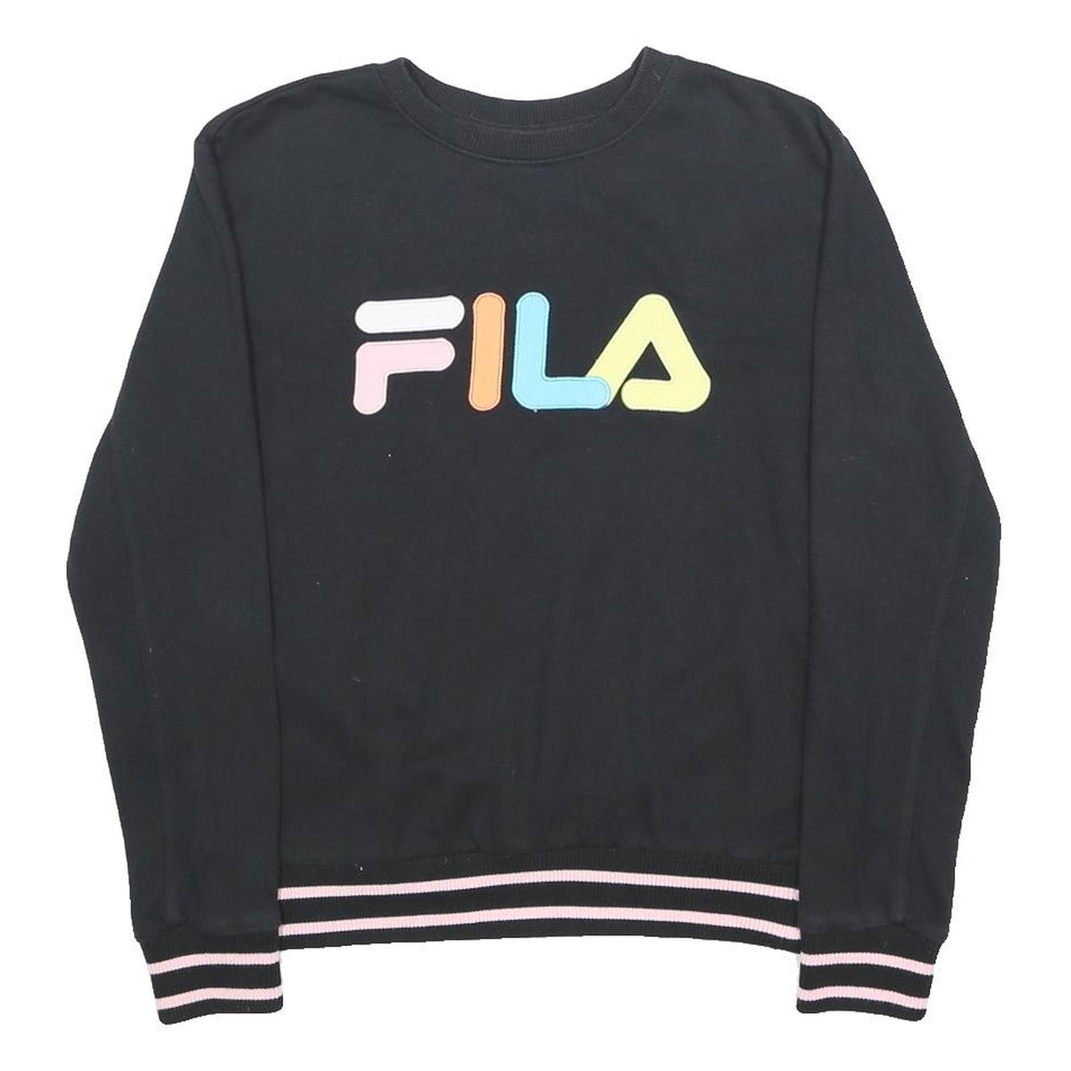 FILA Womens Black Crew Neck S Colourful Logo Stripe Hem Sweatshirt