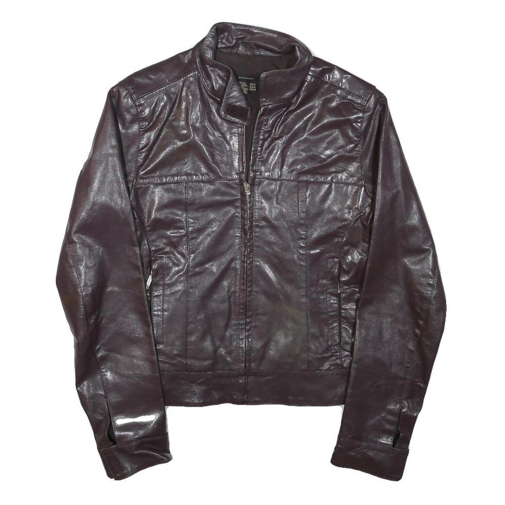 ZARA BASIC Womens Brown Leather Jacket M Leather Plain Zip Casual Stylish