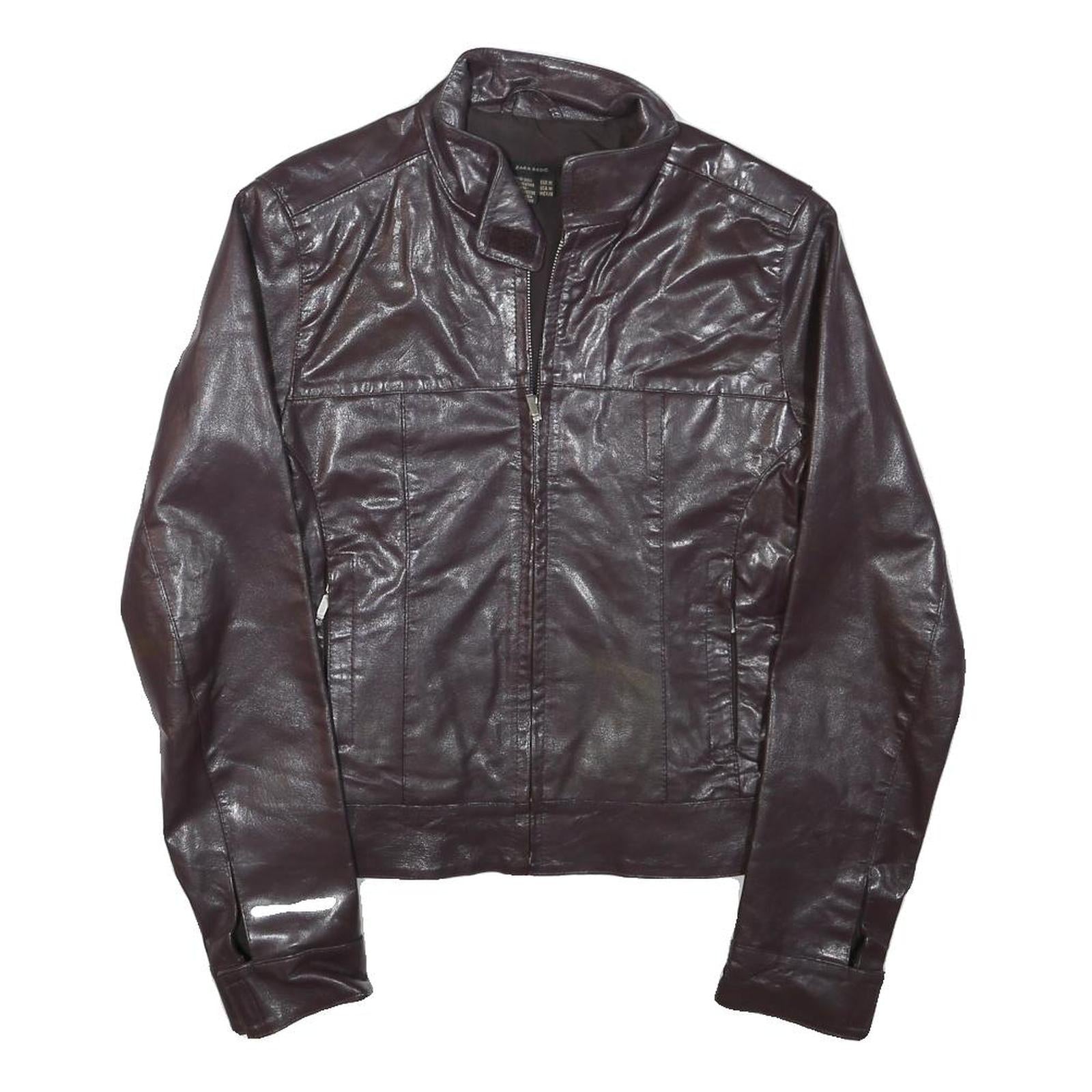 ZARA BASIC Womens Brown Leather Jacket M Leather Plain Zip Casual Stylish