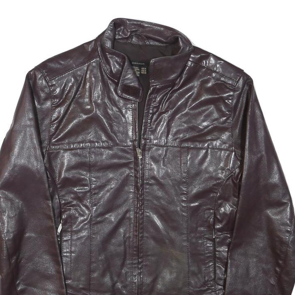 ZARA BASIC Womens Brown Leather Jacket M Leather Plain Zip Casual Stylish