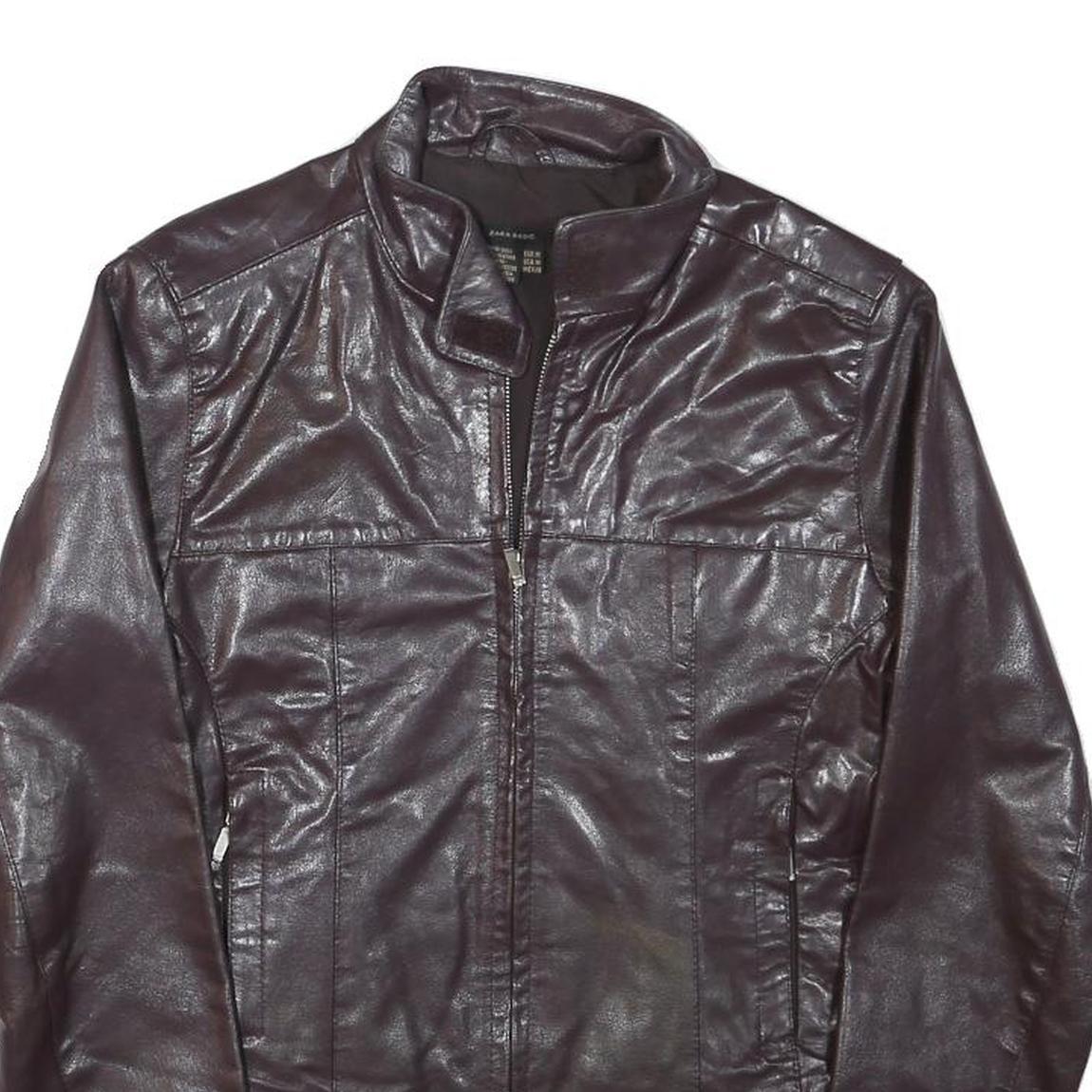 ZARA BASIC Womens Brown Leather Jacket M Leather Plain Zip Casual Stylish