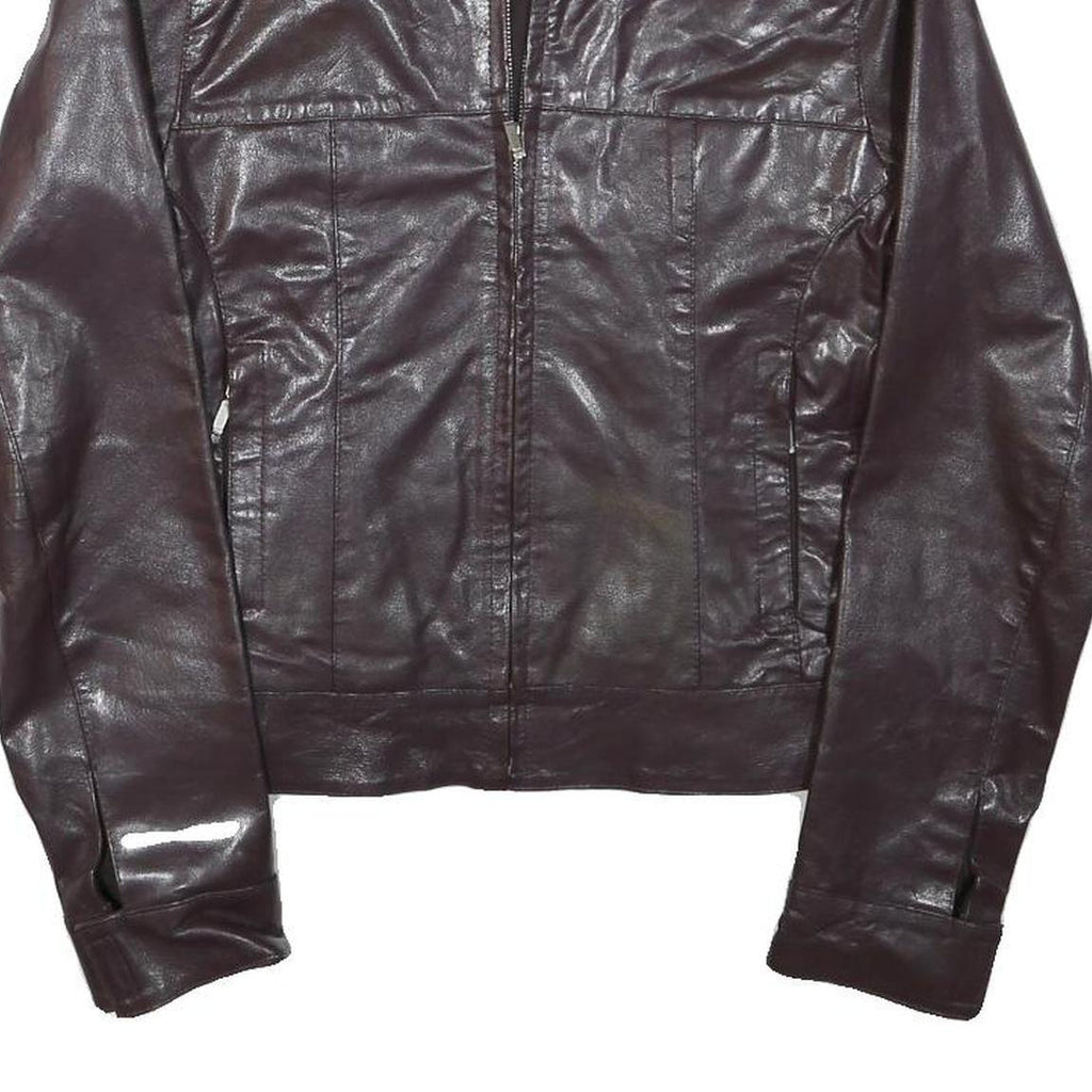 ZARA BASIC Womens Brown Leather Jacket M Leather Plain Zip Casual Stylish