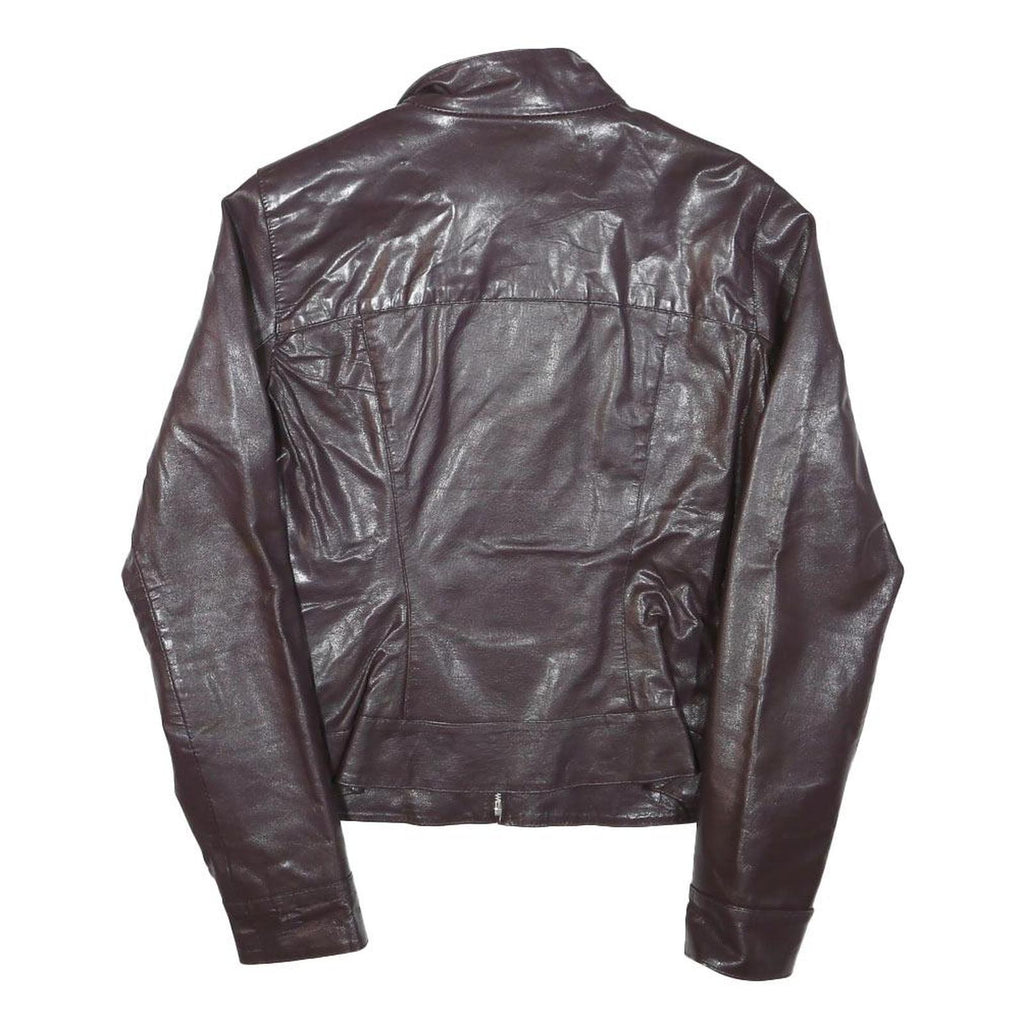 ZARA BASIC Womens Brown Leather Jacket M Leather Plain Zip Casual Stylish