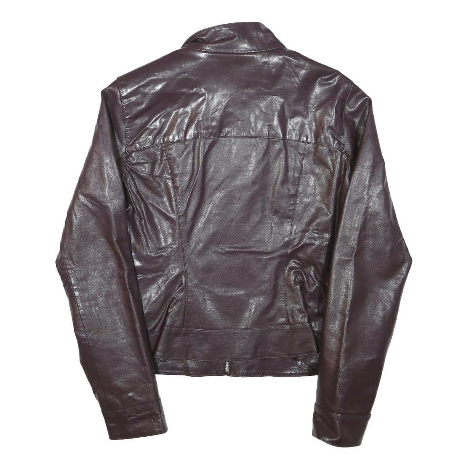 ZARA BASIC Womens Brown Leather Jacket M Leather Plain Zip Casual Stylish