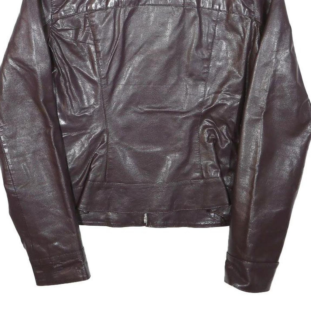 ZARA BASIC Womens Brown Leather Jacket M Leather Plain Zip Casual Stylish