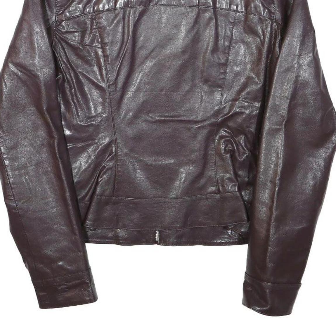 ZARA BASIC Womens Brown Leather Jacket M Leather Plain Zip Casual Stylish