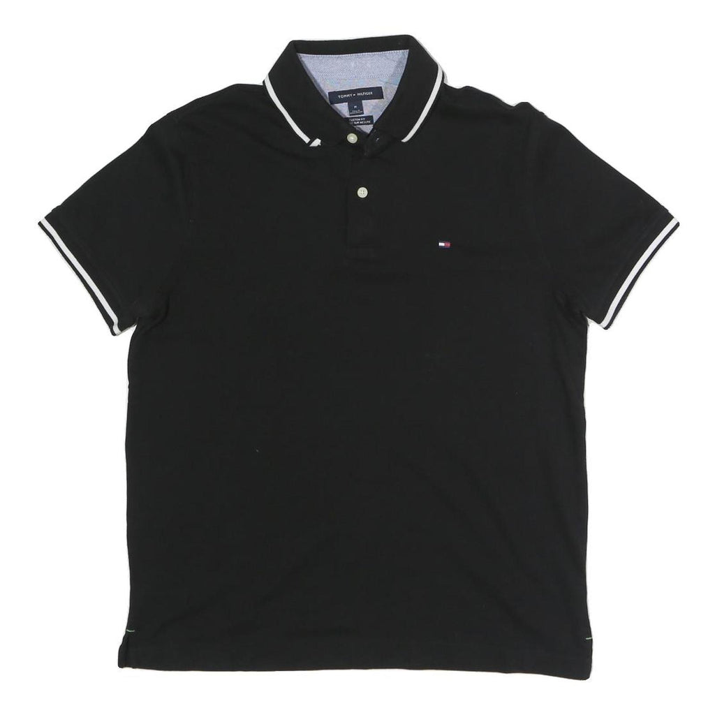 TOMMY HILFIGER Mens Black Short Sleeve Plain Polo Shirt M Cotton Blend