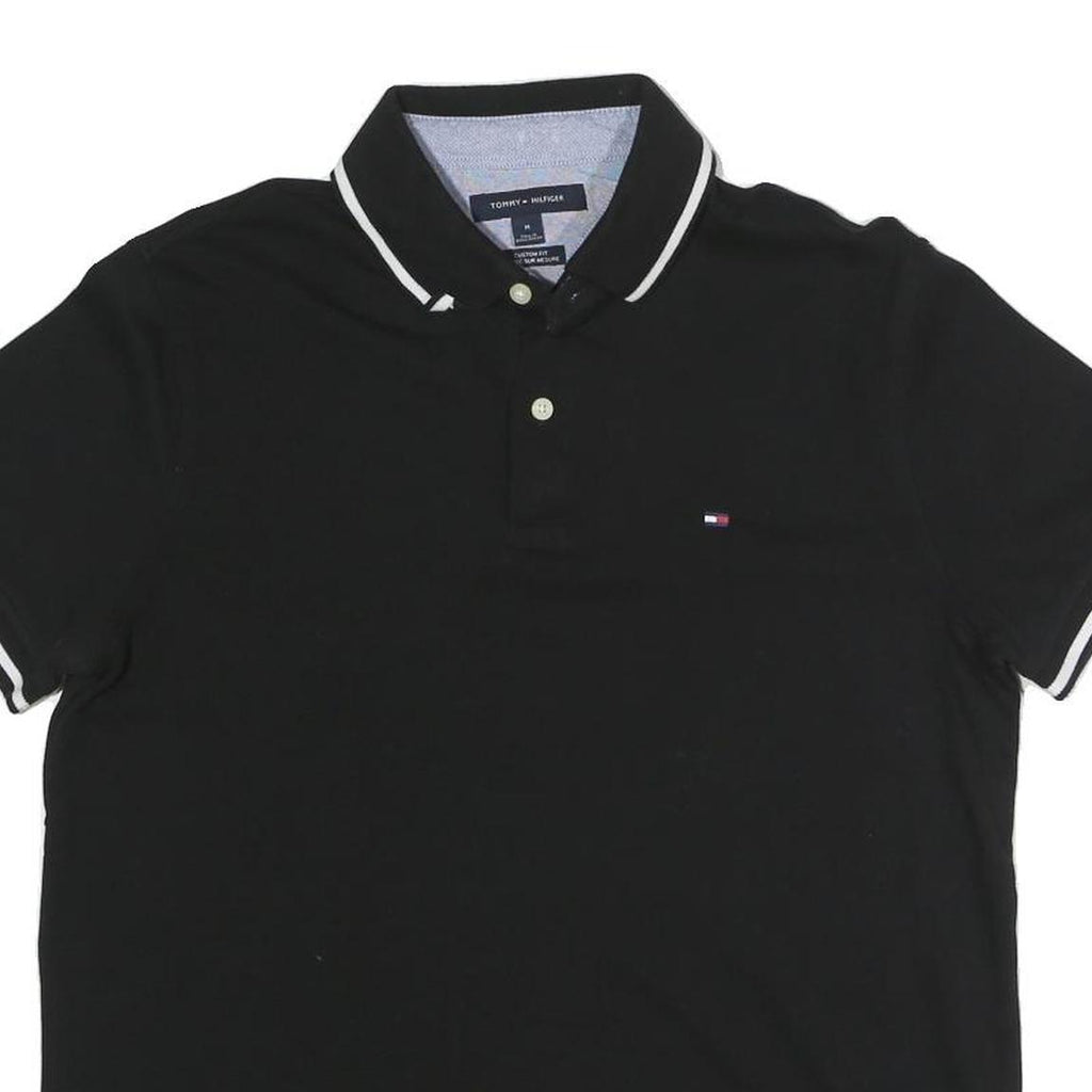 TOMMY HILFIGER Mens Black Short Sleeve Plain Polo Shirt M Cotton Blend