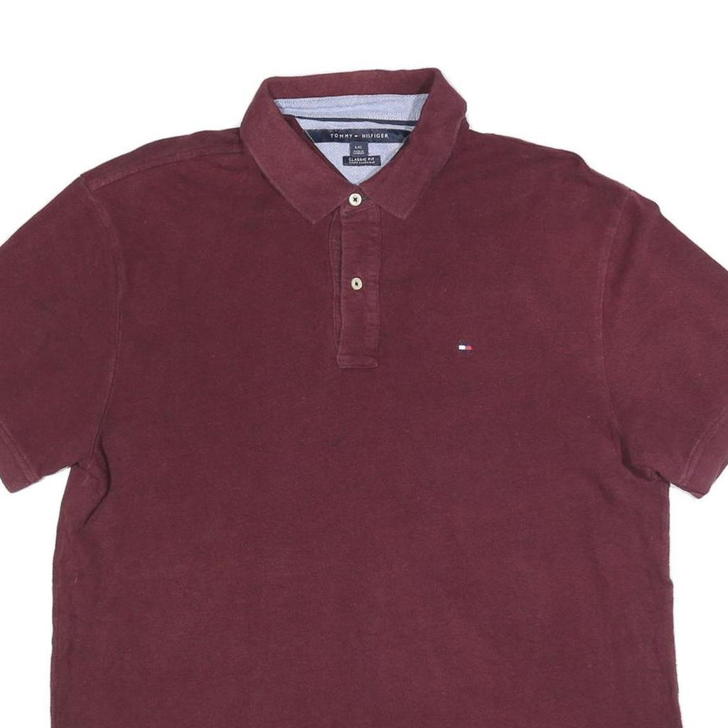 TOMMY HILFIGER Mens Maroon Short Sleeve Plain L Polo Shirt Classic Fit Cotton