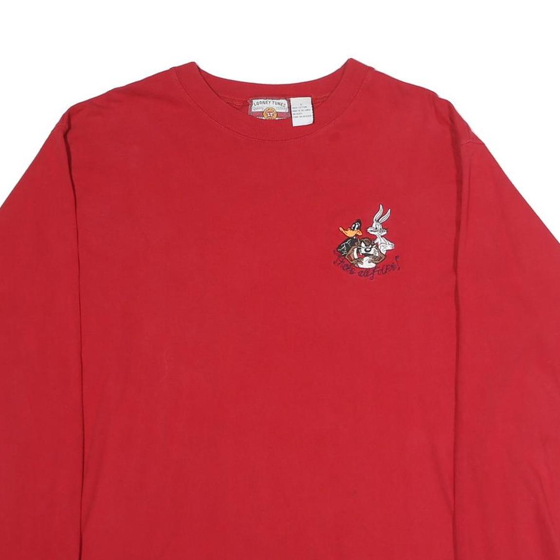 LOONEY TUNES Mens Red Long Sleeve Crew Neck Cartoon Graphic L T-Shirt