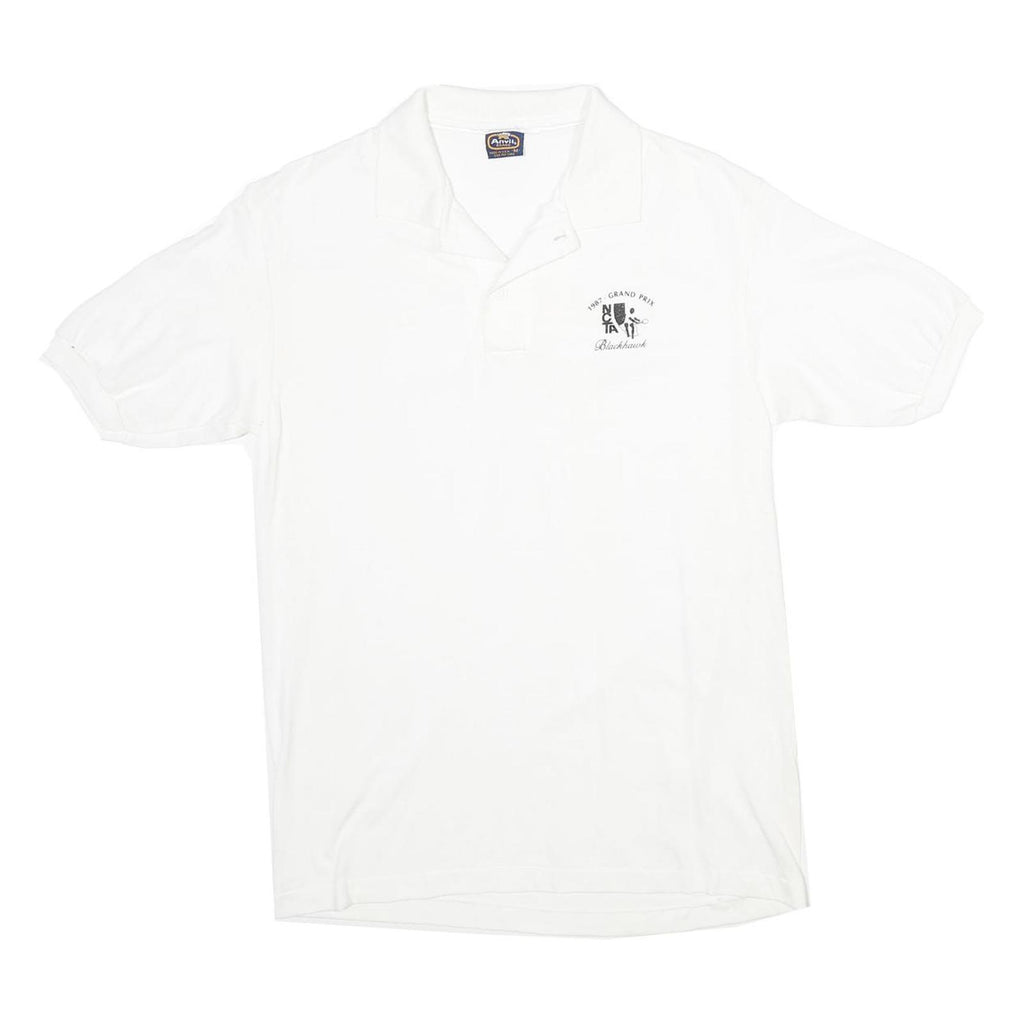 ANVIL Mens White 1987 Grand Prix Blackhawk Logo Short Sleeve Polo Shirt M Cotton