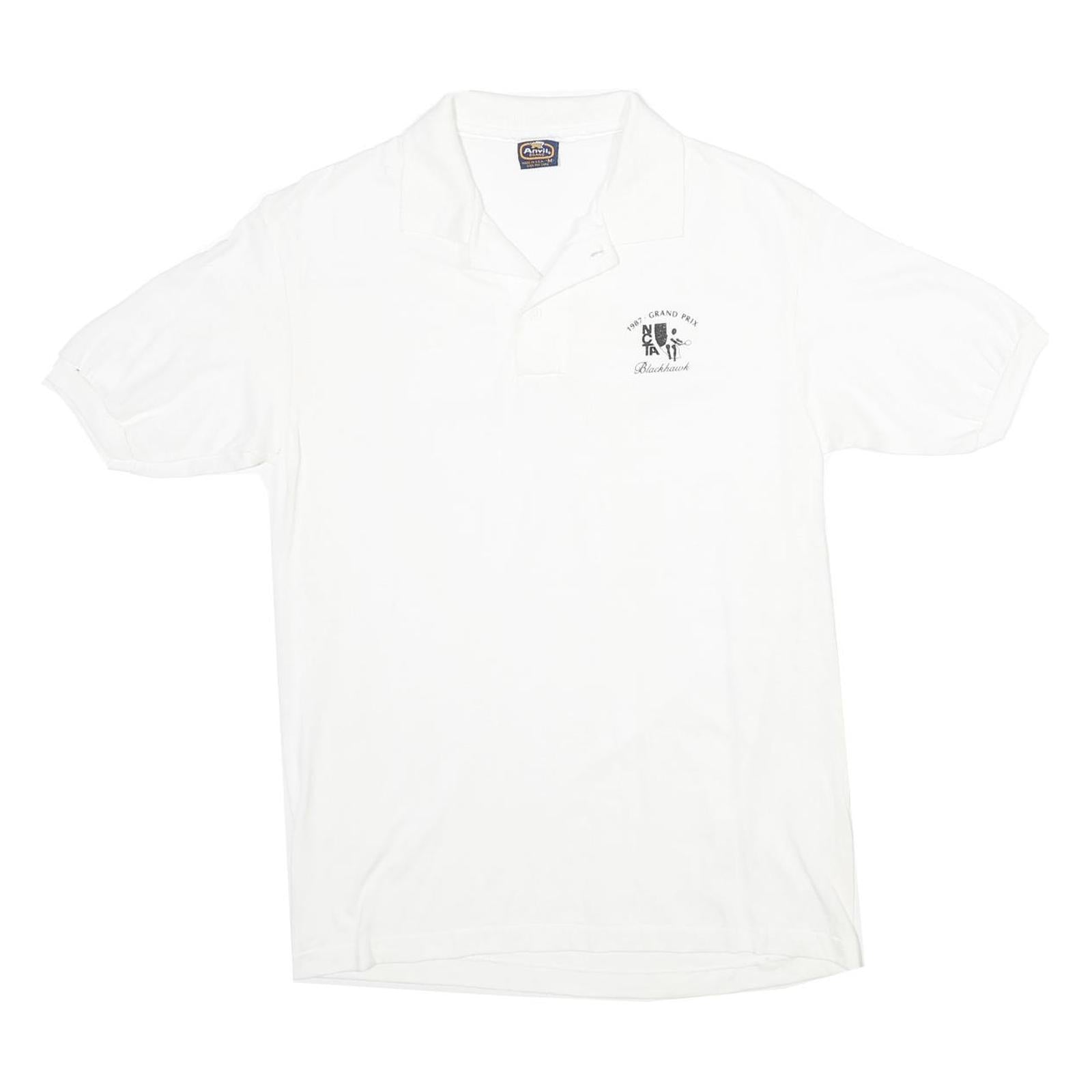 ANVIL Mens White 1987 Grand Prix Blackhawk Logo Short Sleeve Polo Shirt M Cotton