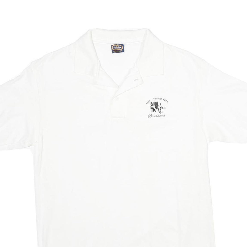 ANVIL Mens White 1987 Grand Prix Blackhawk Logo Short Sleeve Polo Shirt M Cotton