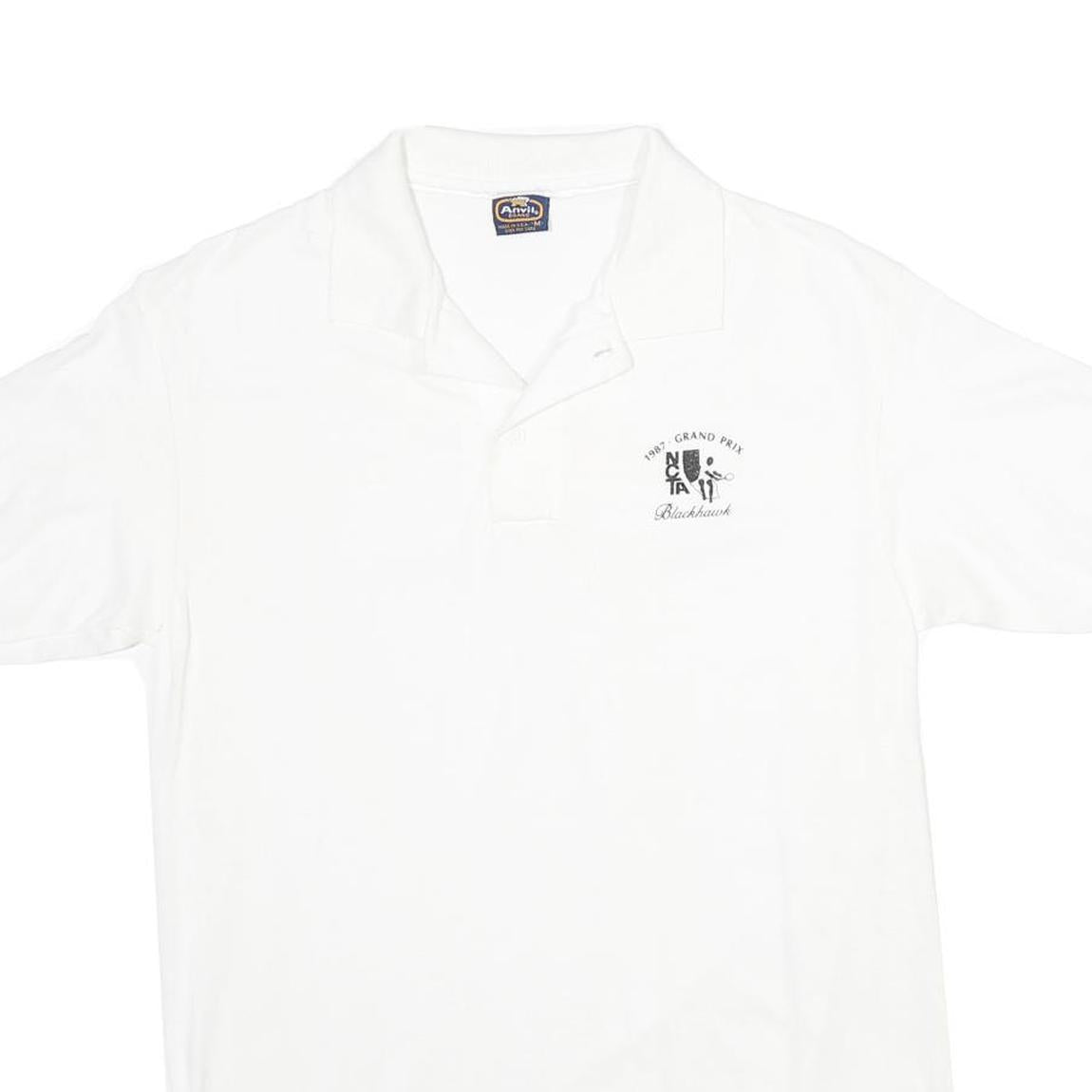 ANVIL Mens White 1987 Grand Prix Blackhawk Logo Short Sleeve Polo Shirt M Cotton