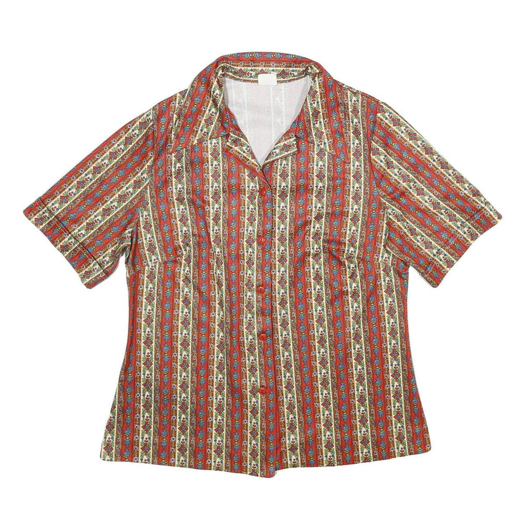 Womens Red Floral Stripe Button Shirt UK 10 Short Sleeve Vintage Style
