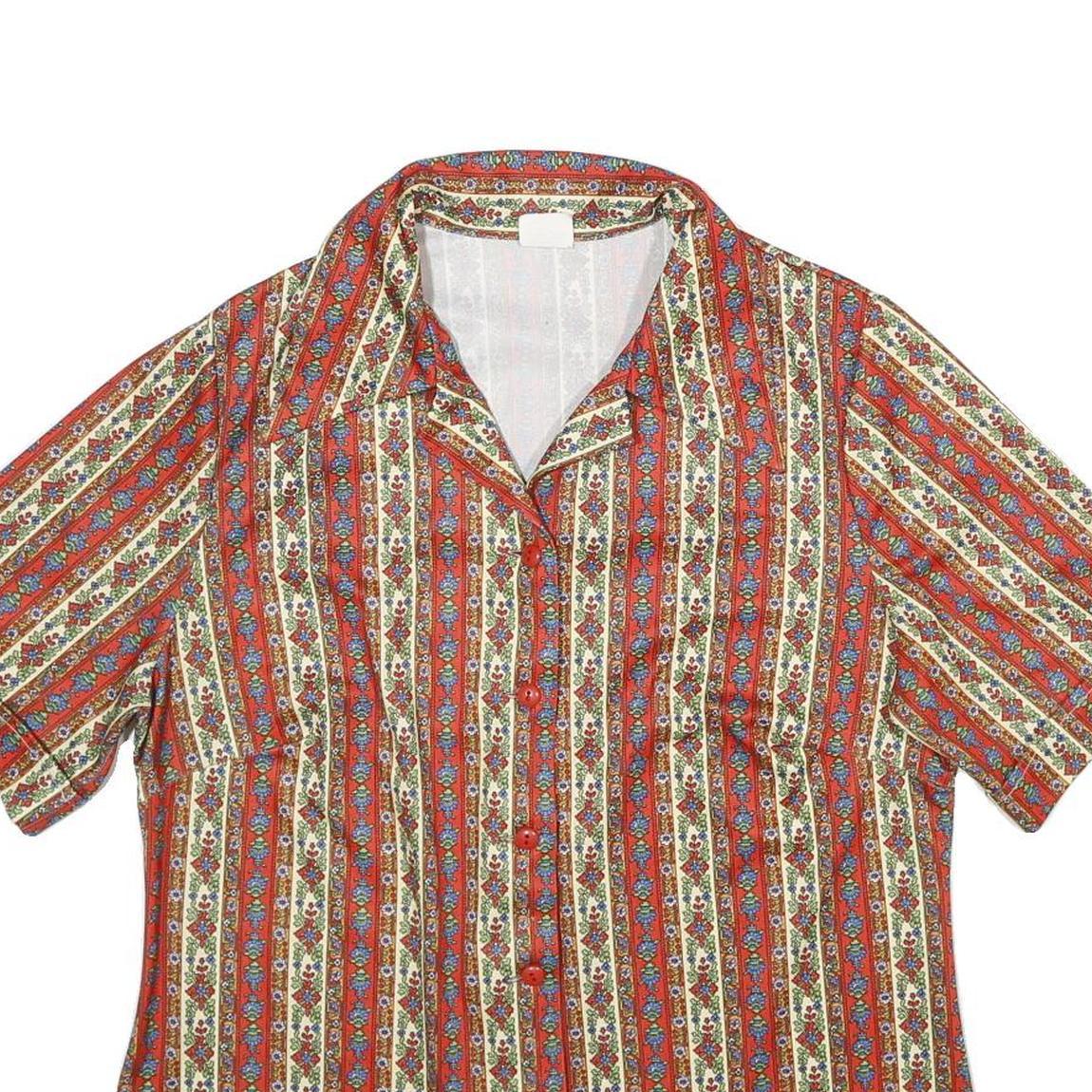 Womens Red Floral Stripe Button Shirt UK 10 Short Sleeve Vintage Style