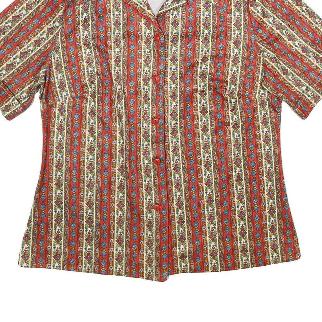 Womens Red Floral Stripe Button Shirt UK 10 Short Sleeve Vintage Style