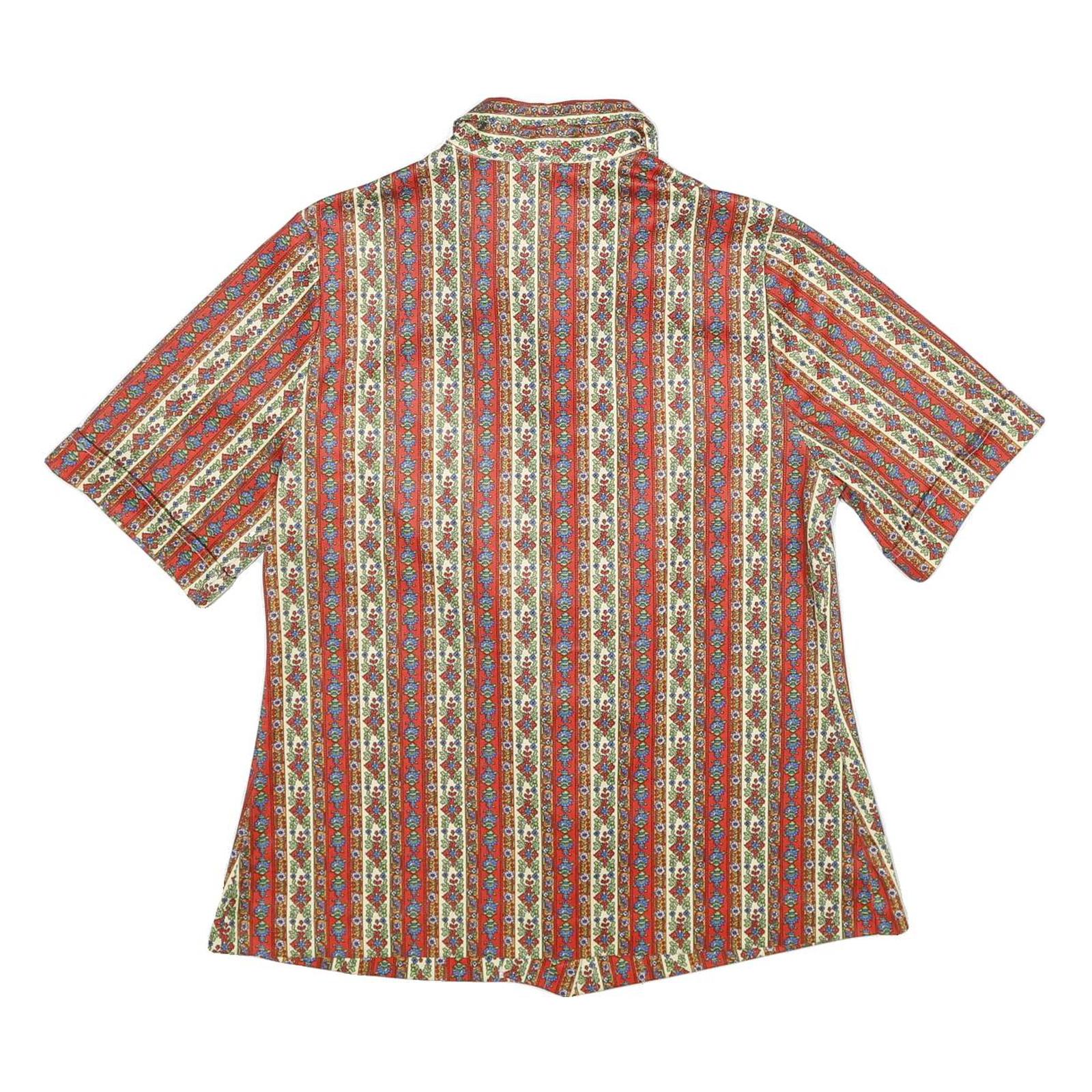 Womens Red Floral Stripe Button Shirt UK 10 Short Sleeve Vintage Style