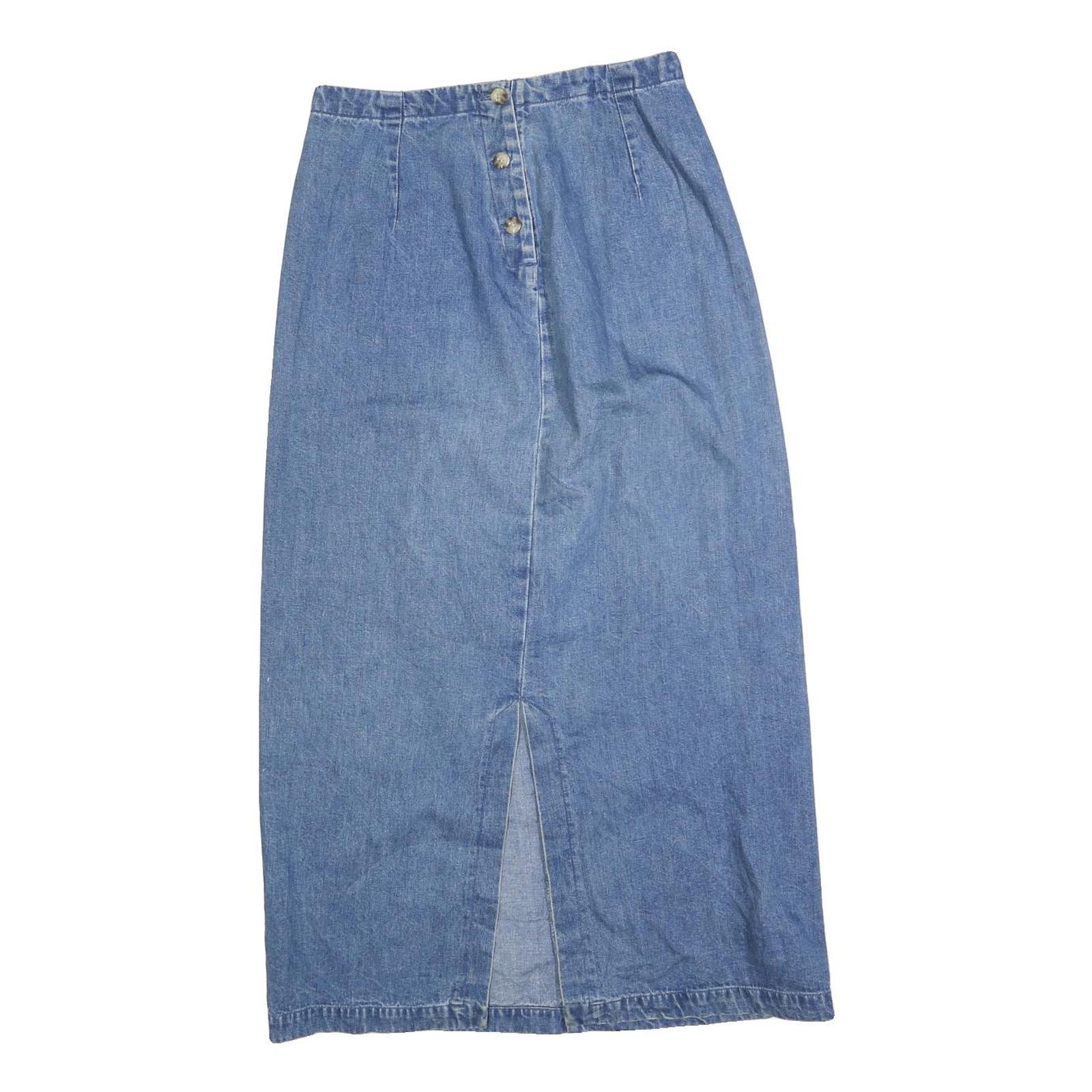 EDDIE BAUER Womens Blue Denim Straight Midi Cotton Blend Skirt M Button Front