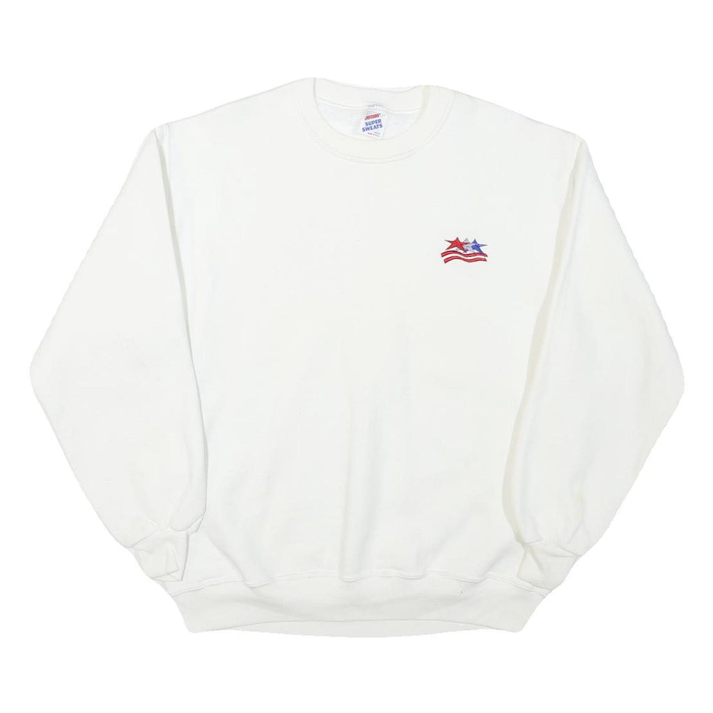 JERZEES Mens White Red & Blue Star Graphic Crew Neck L Sweatshirt Cotton Blend