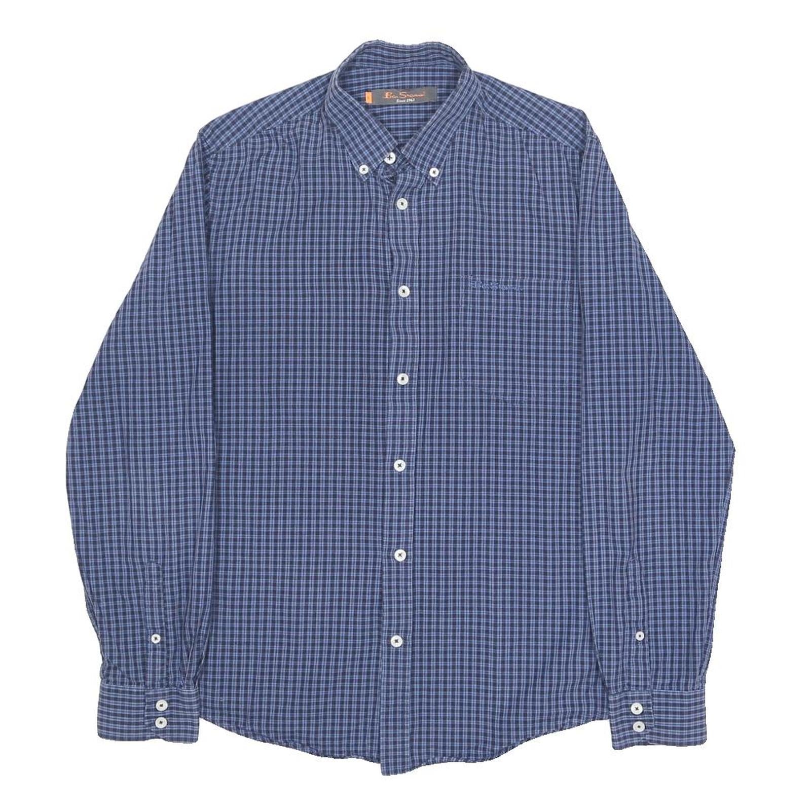 BEN SHERMAN Mens Blue Check Shirt S Button-Down Collar Long Sleeve Cotton