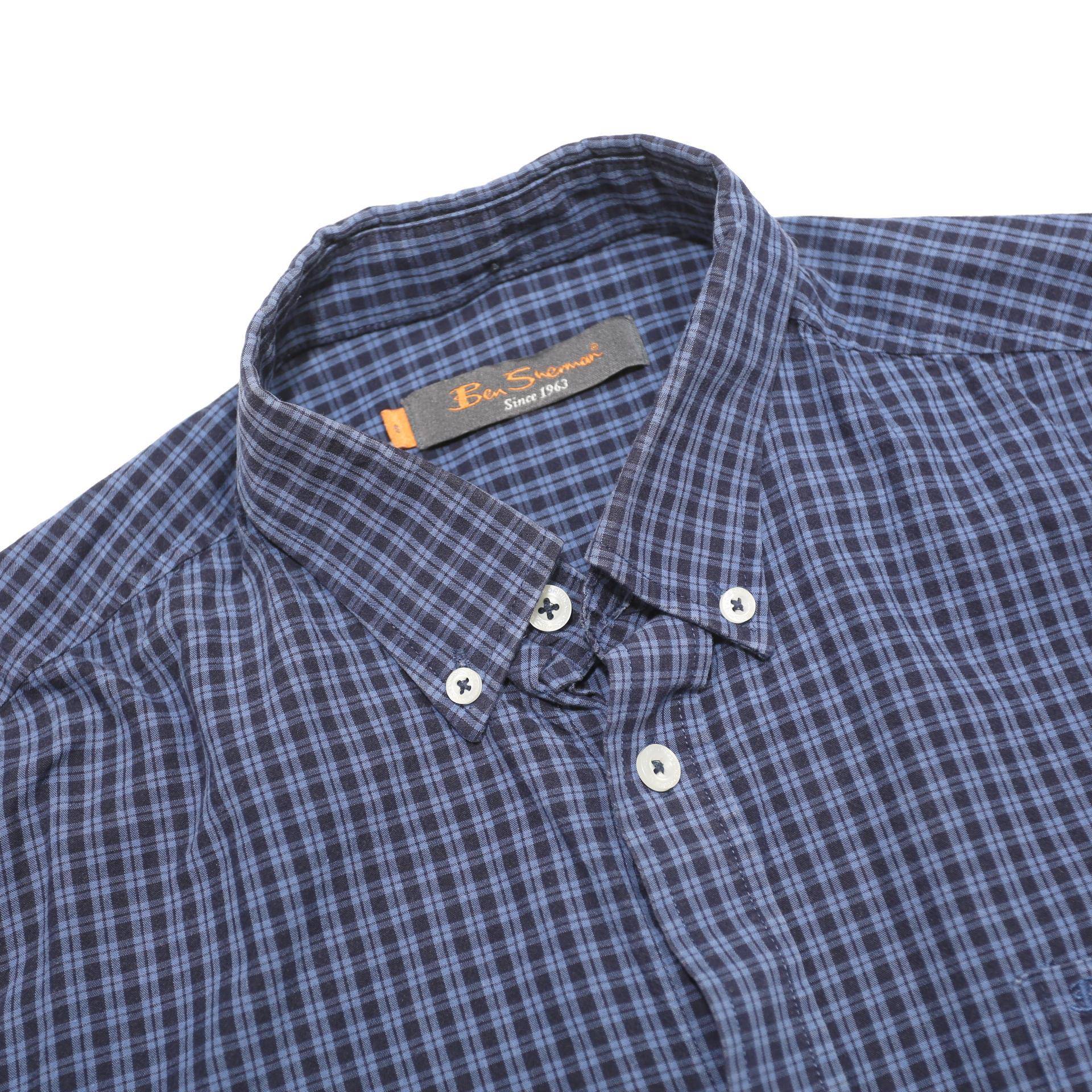 BEN SHERMAN Mens Blue Check Shirt S Button-Down Collar Long Sleeve Cotton