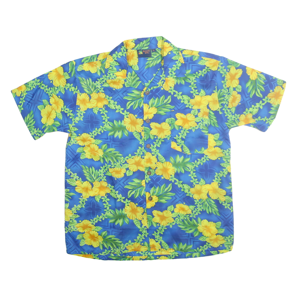 ROUNDY BAY Mens Blue & Yellow Hawaiian Shirt M Summer Vacation Beach Casual