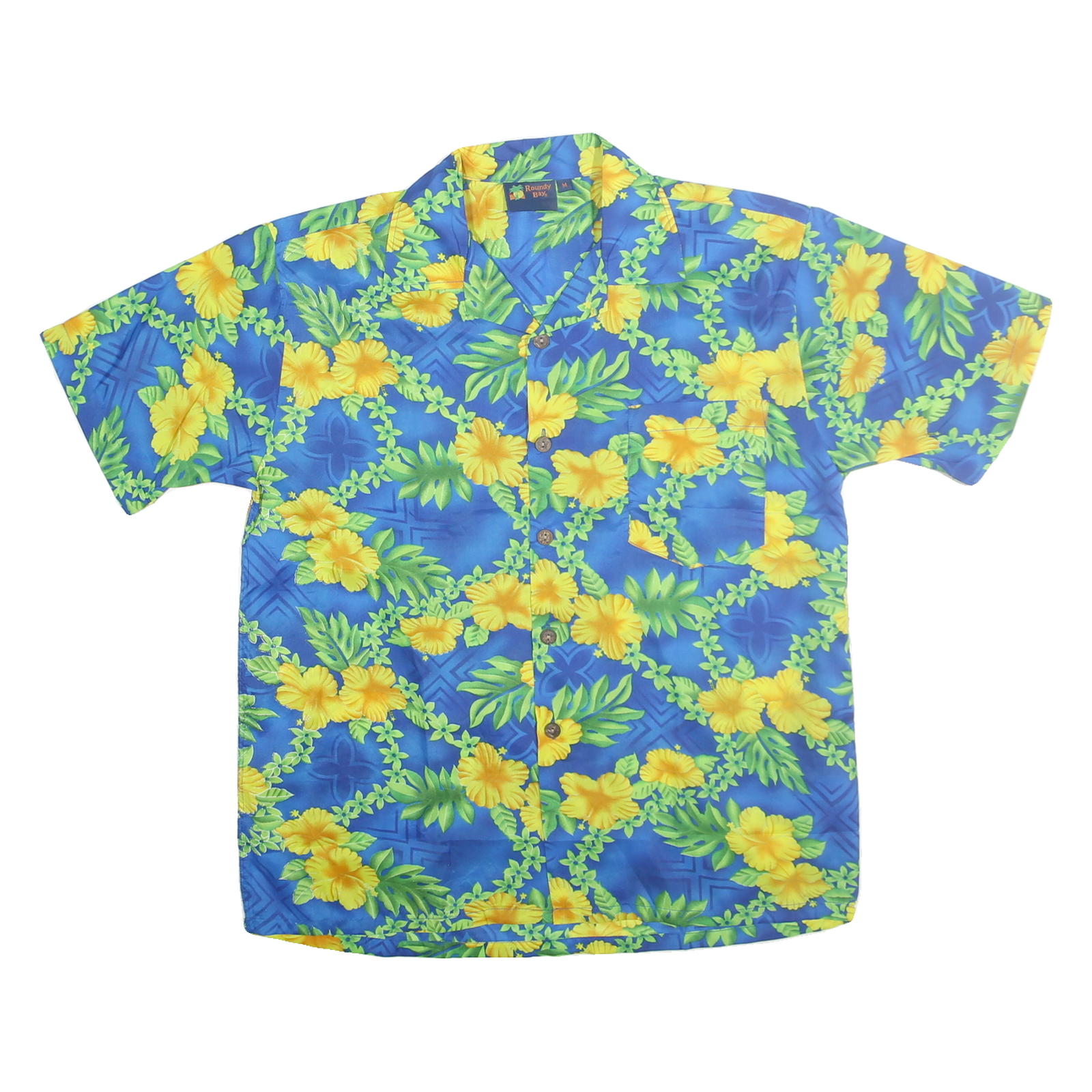 ROUNDY BAY Mens Blue & Yellow Hawaiian Shirt M Summer Vacation Beach Casual