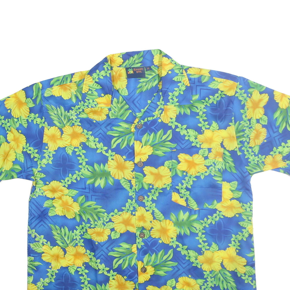 ROUNDY BAY Mens Blue & Yellow Hawaiian Shirt M Summer Vacation Beach Casual