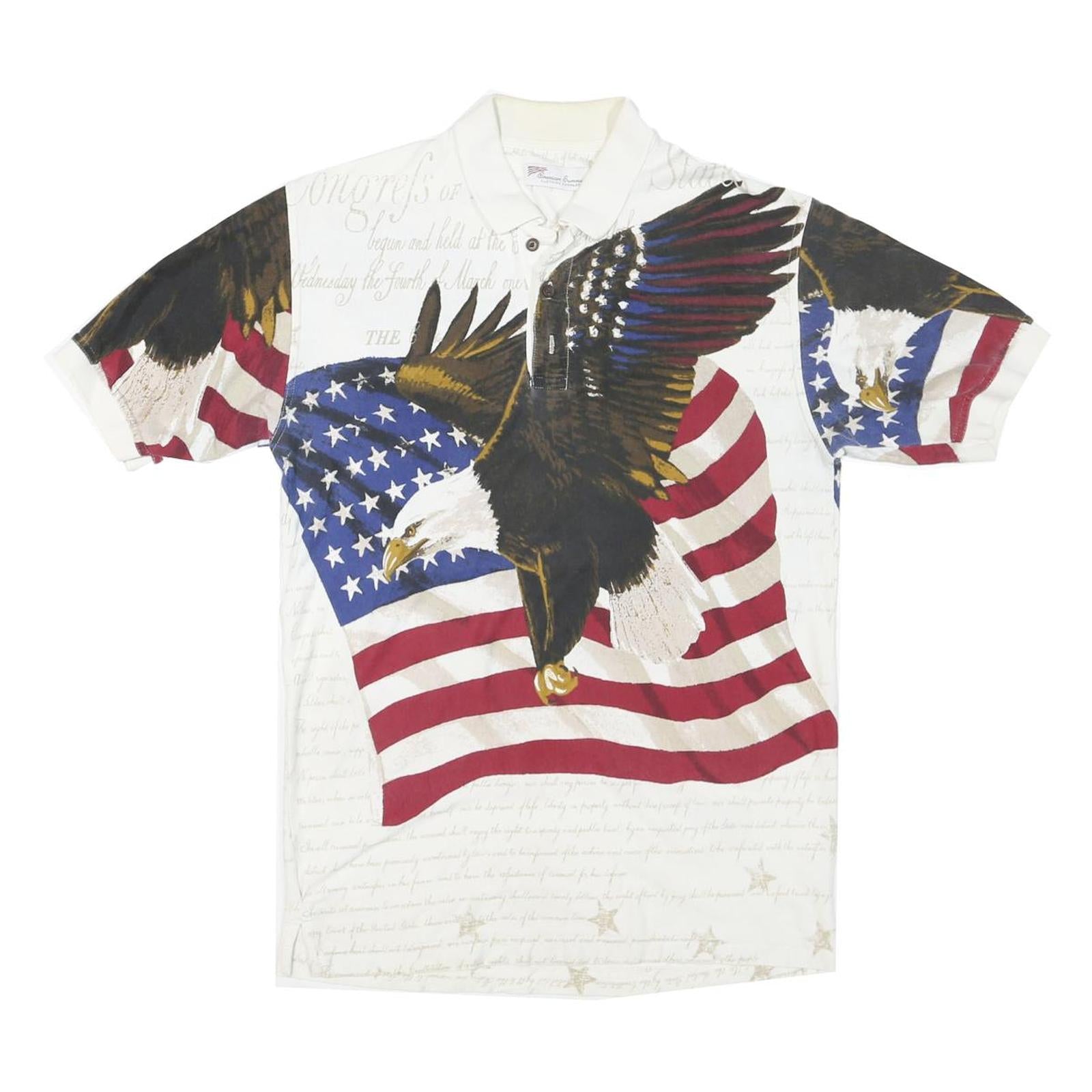 AMERICAN SUMMER Mens White Cotton Blend Eagle Print Short Sleeve Polo Shirt S