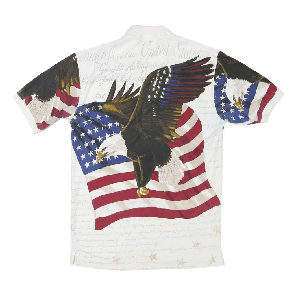 AMERICAN SUMMER Mens White Cotton Blend Eagle Print Short Sleeve Polo Shirt S
