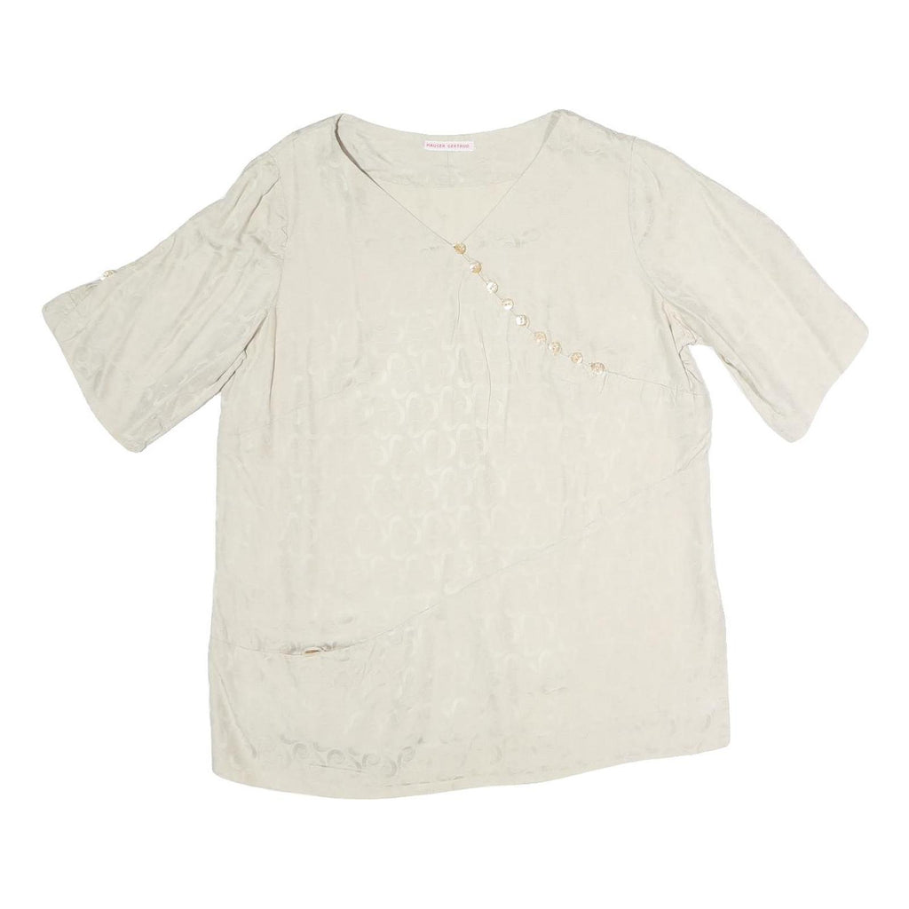 GERTRUD Womens Cream Printed Top Short Sleeve V Neck M Elegant Button Detail