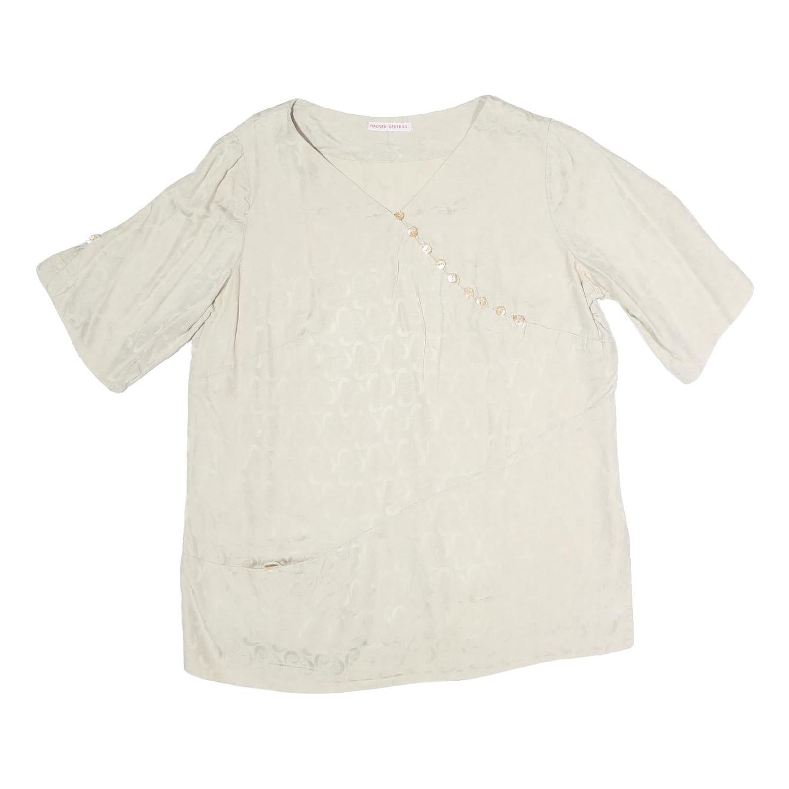 GERTRUD Womens Cream Printed Top Short Sleeve V Neck M Elegant Button Detail