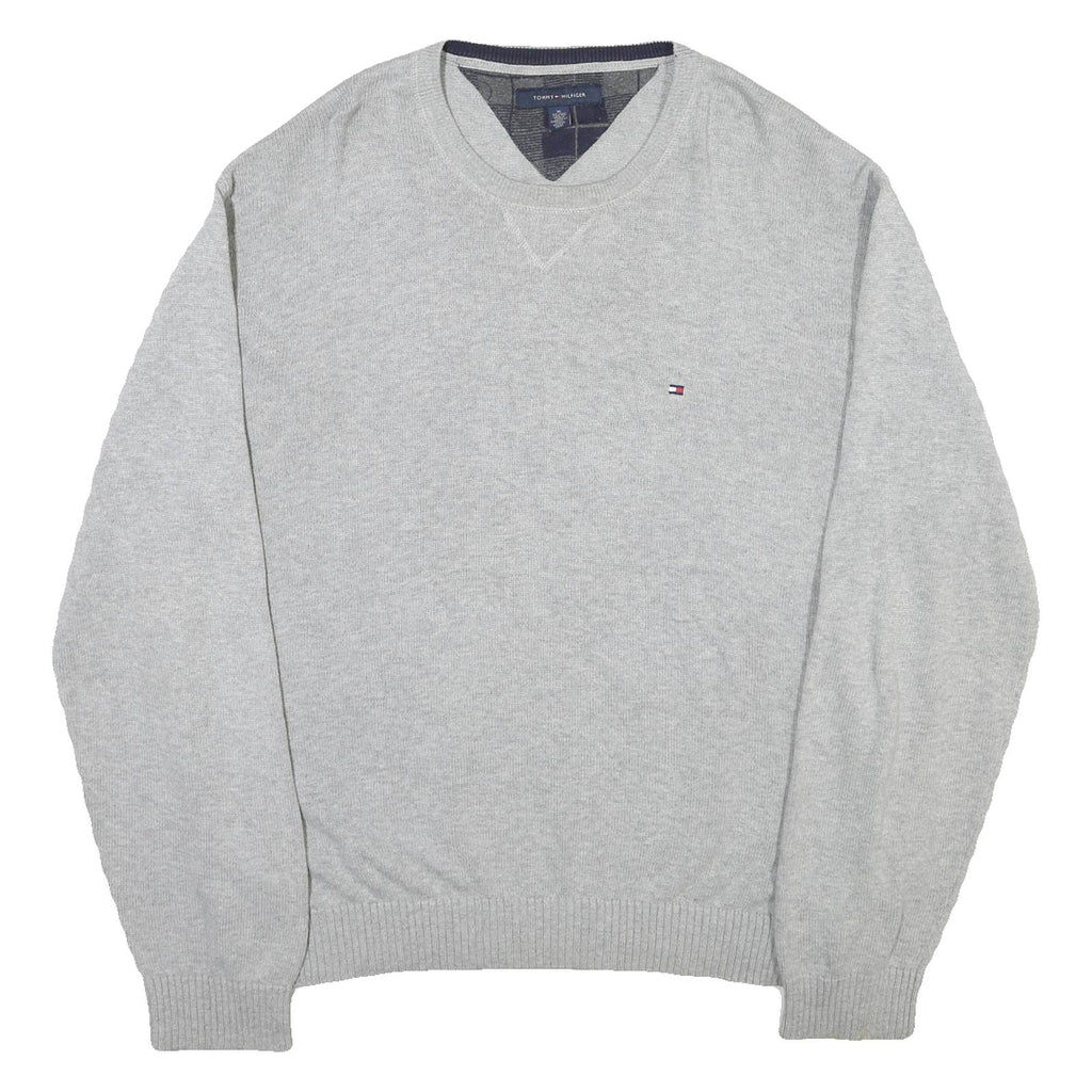 TOMMY HILFIGER Mens Grey Pullover Cotton Plain Knit Crew Neck Jumper XL Relaxed