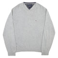 TOMMY HILFIGER Mens Grey Pullover Cotton Plain Knit Crew Neck Jumper XL Relaxed