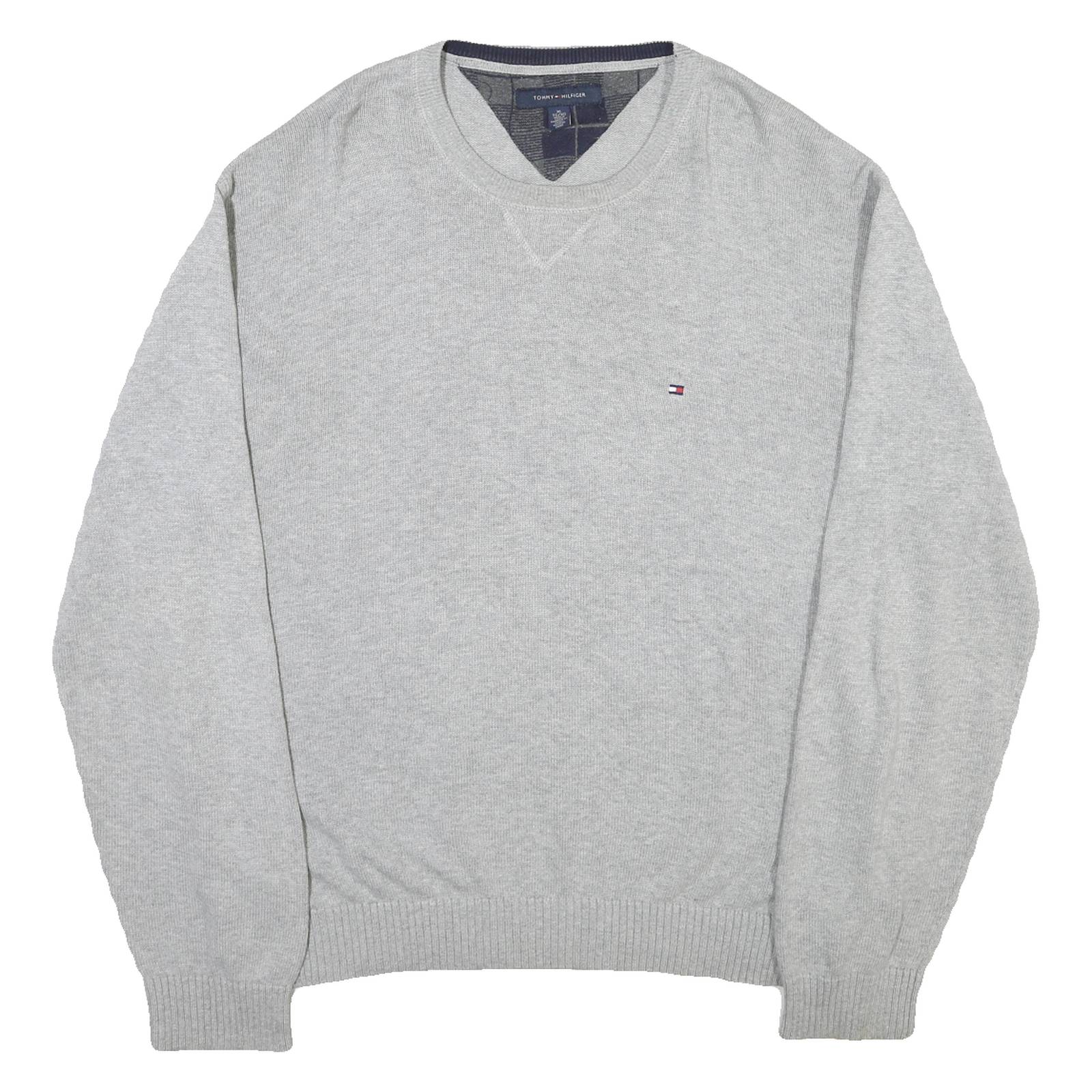 TOMMY HILFIGER Mens Grey Pullover Cotton Plain Knit Crew Neck Jumper XL Relaxed