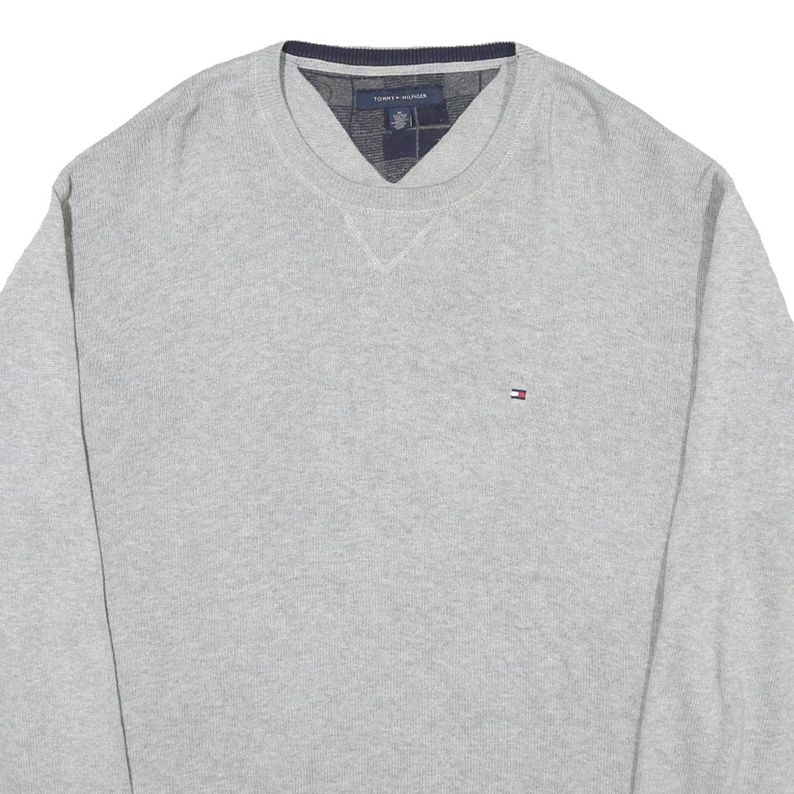 TOMMY HILFIGER Mens Grey Pullover Cotton Plain Knit Crew Neck Jumper XL Relaxed