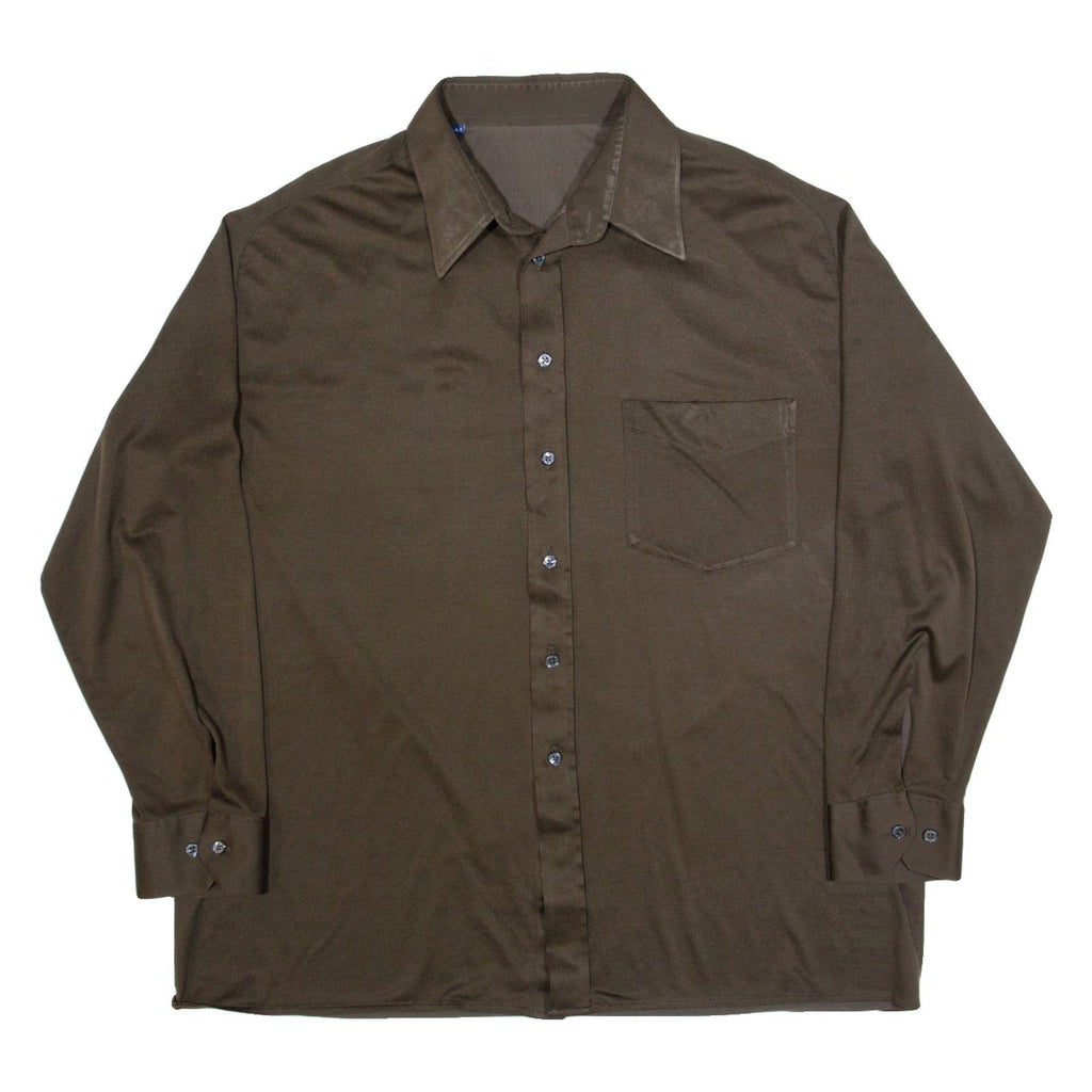 Mens Plain Shirt Brown 90s Long Sleeve L
