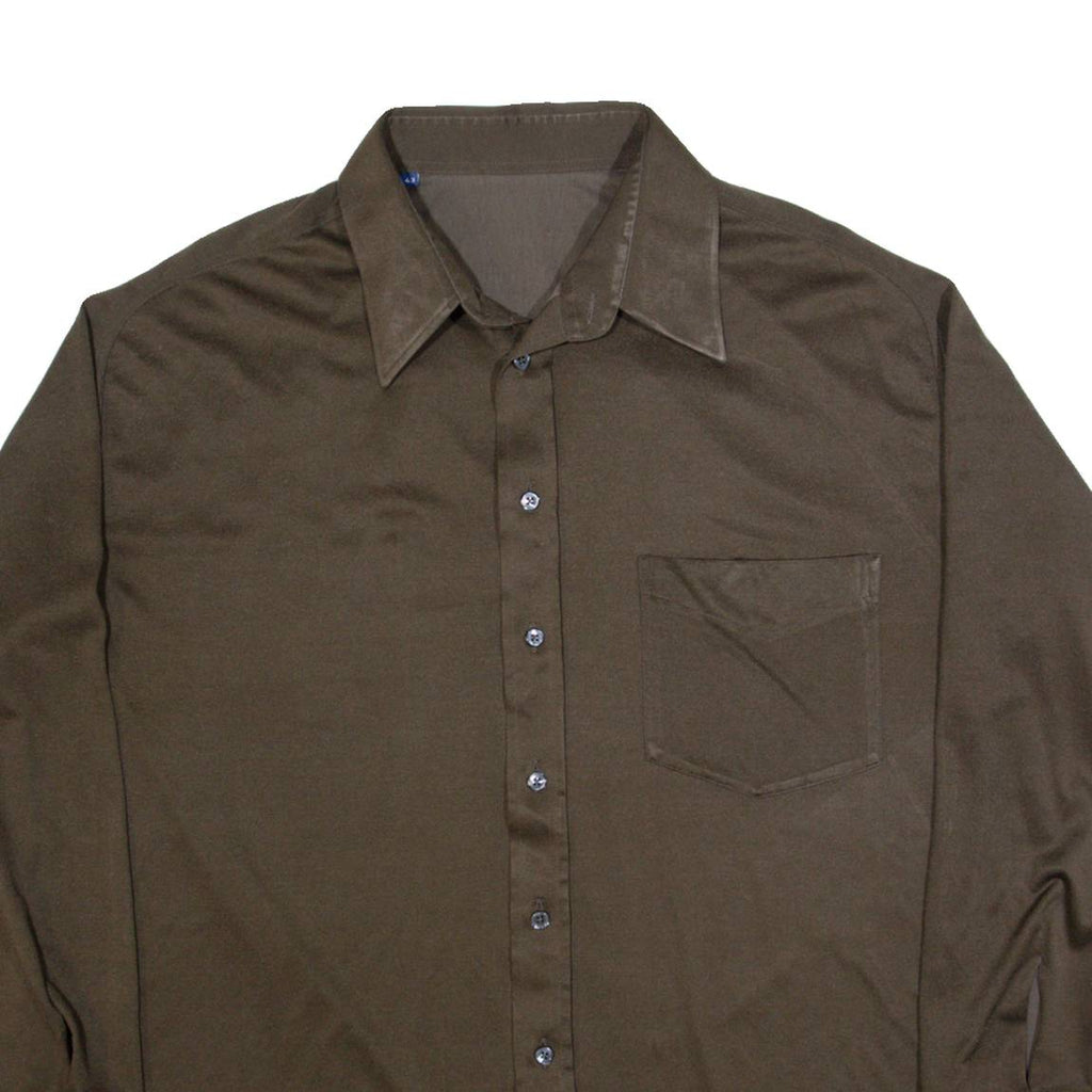 Mens Plain Shirt Brown 90s Long Sleeve L