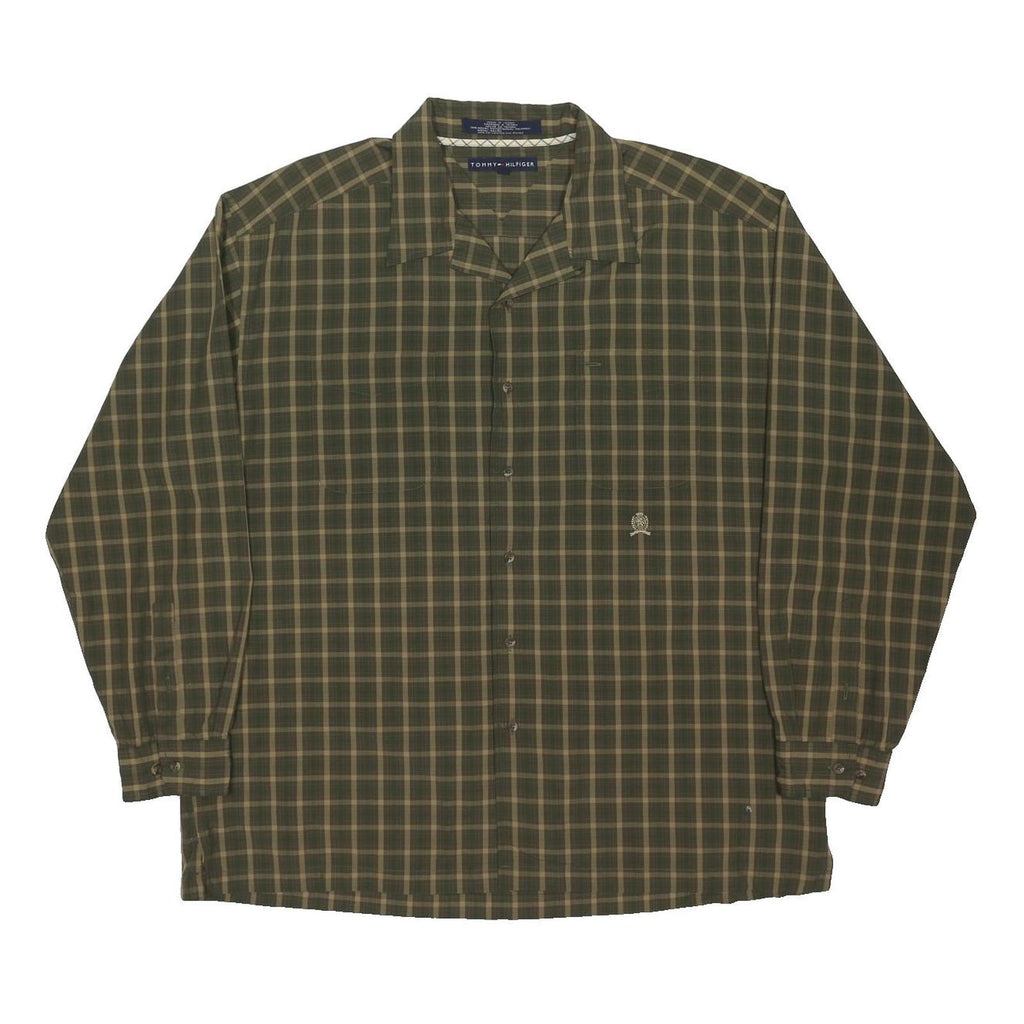 TOMMY HILFIGER Mens Green Check Shirt XL Cotton Blend Relaxed Fit Button Collar