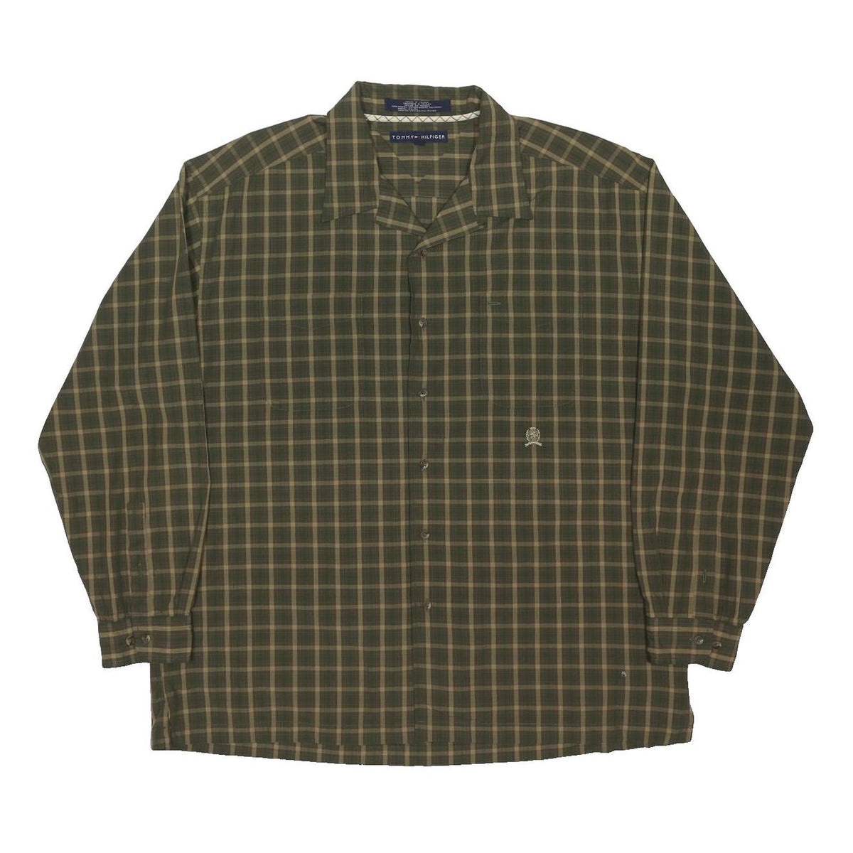 TOMMY HILFIGER Mens Green Check Shirt XL Cotton Blend Relaxed Fit Button Collar