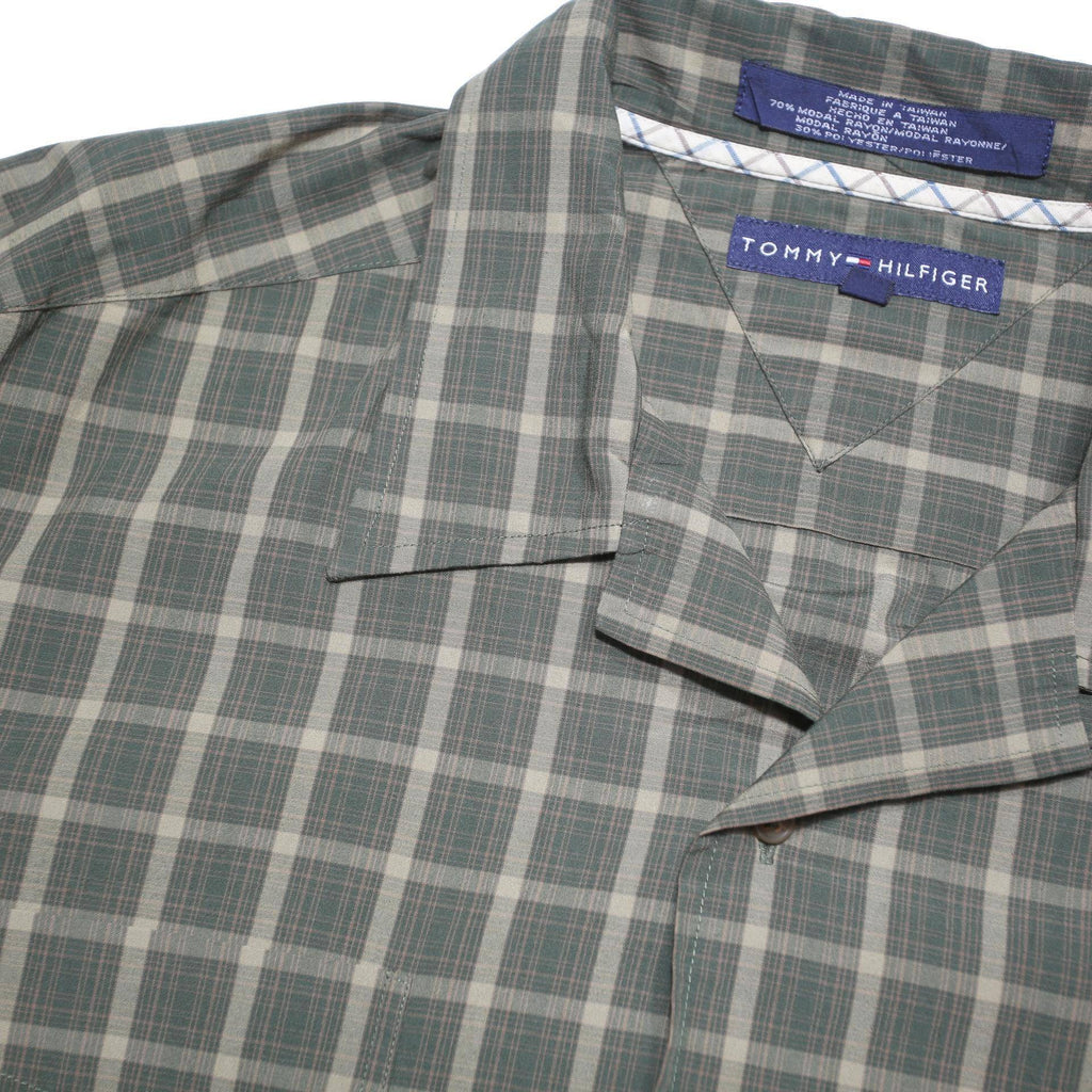 TOMMY HILFIGER Mens Green Check Shirt XL Cotton Blend Relaxed Fit Button Collar
