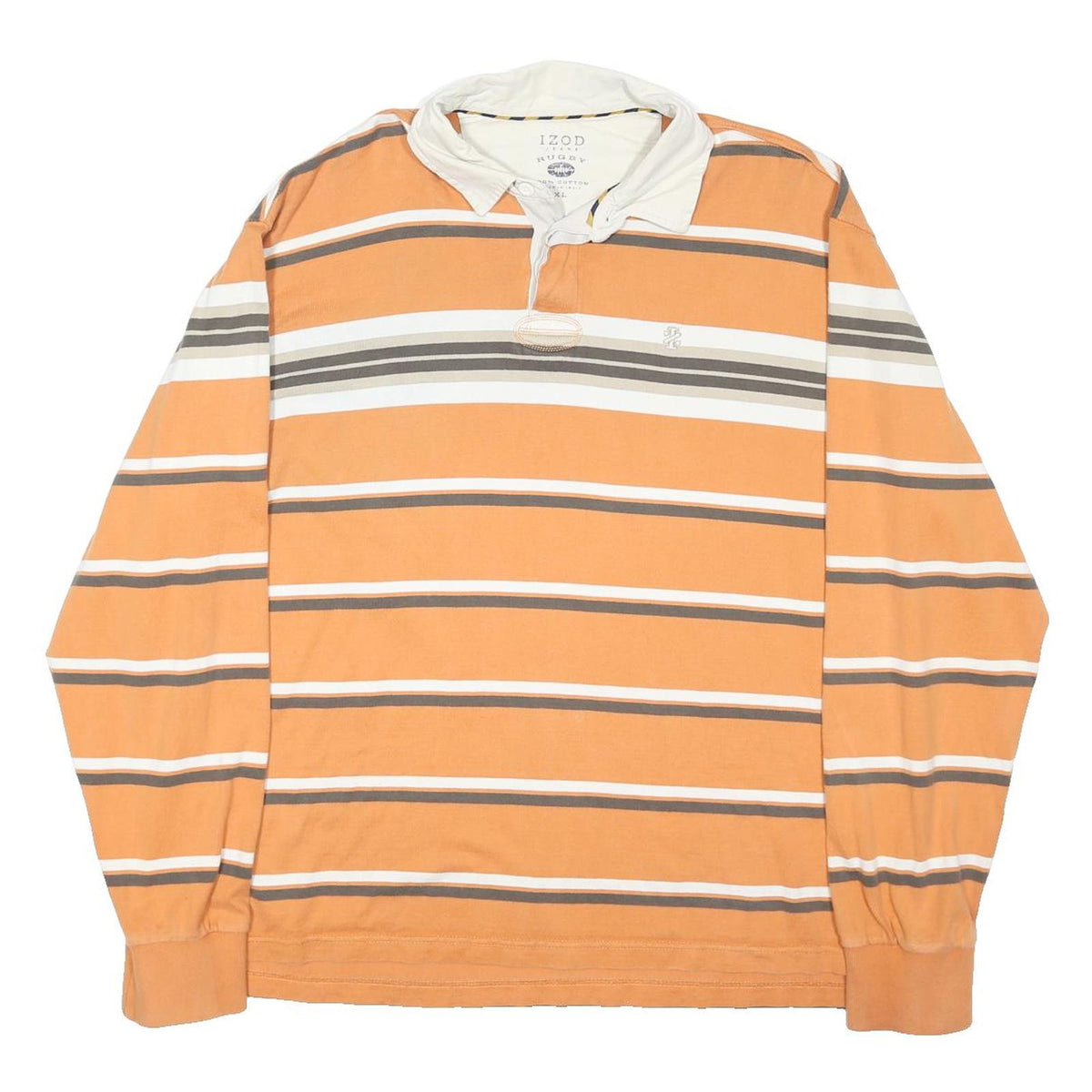IZOD Mens Orange & White Striped Long Sleeve Polo Shirt XL Cotton Blend Casual